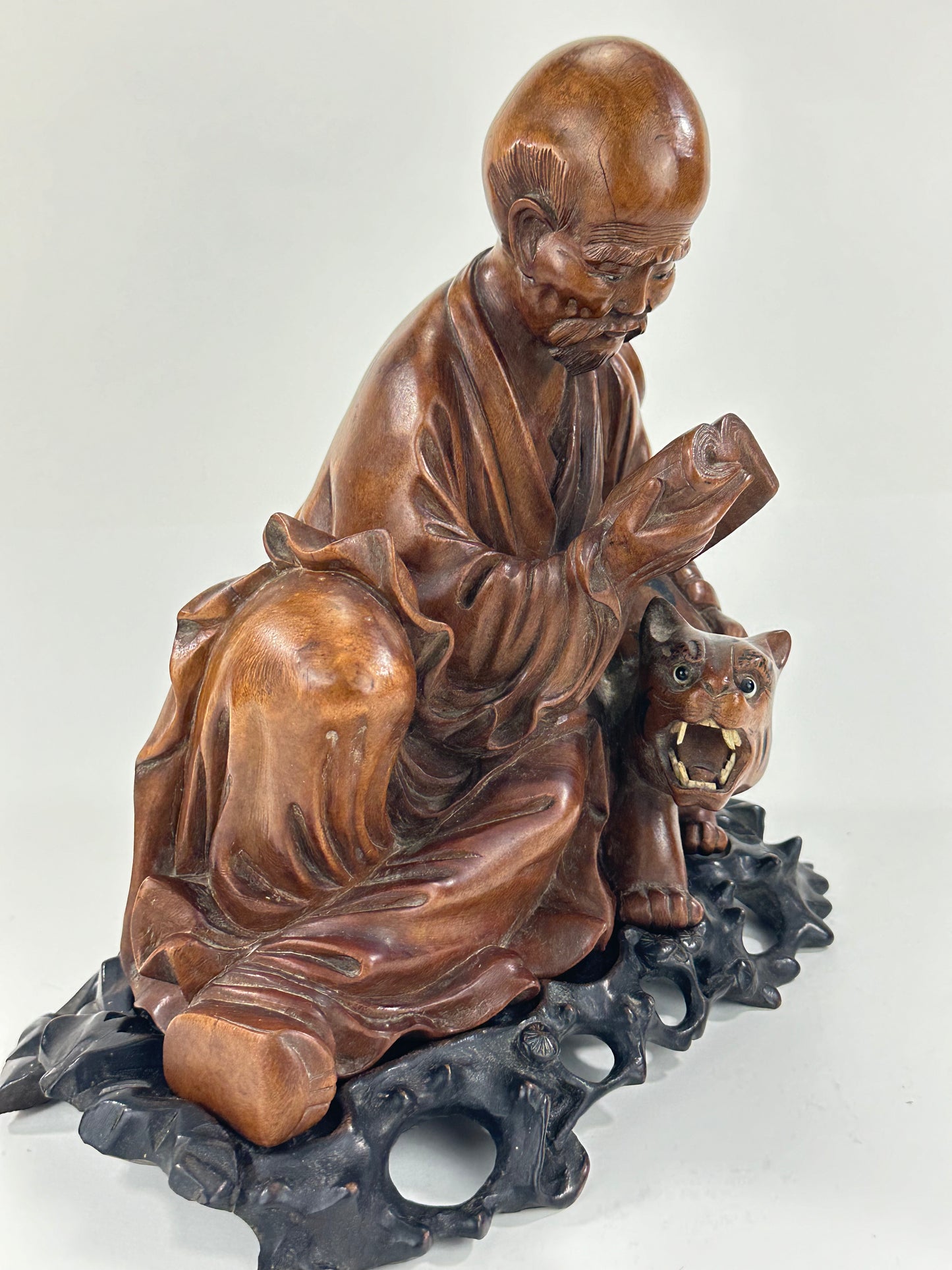 Antique Chinese Carved Wooden Statue of Immortal w/ Tiger 10”