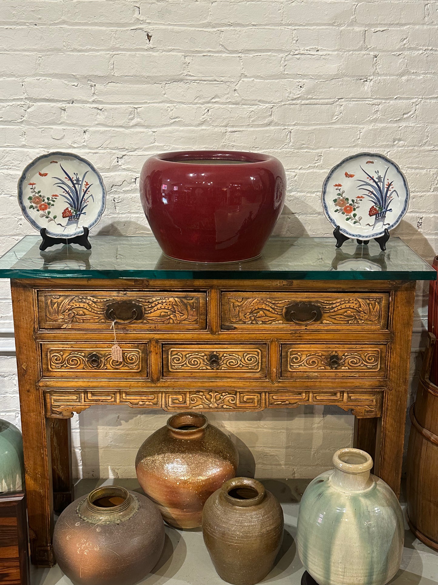 Vintage Japanese mid-late Showa c1960's Large Red Ceramic Hibachi 16”
