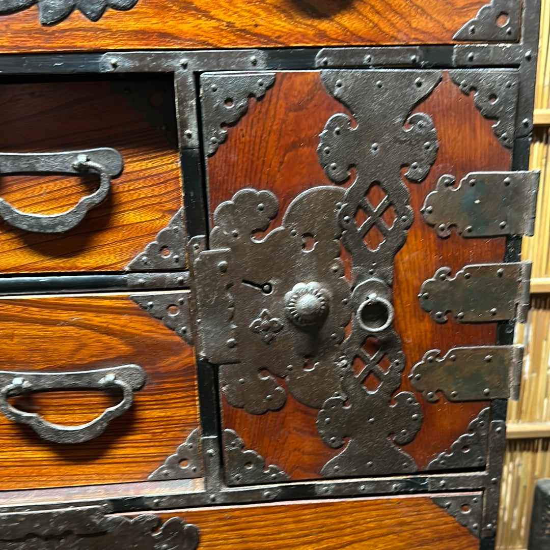 Antique Japanese Edo Era (c 1860) Bodansu Personal Tansu Red Lacquer 23"W