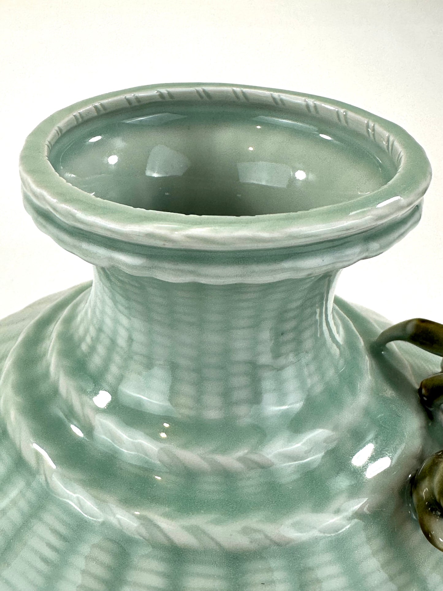 Vintage Japanese Celadon Basket-Weave Vase with Applied Crab 9.5"