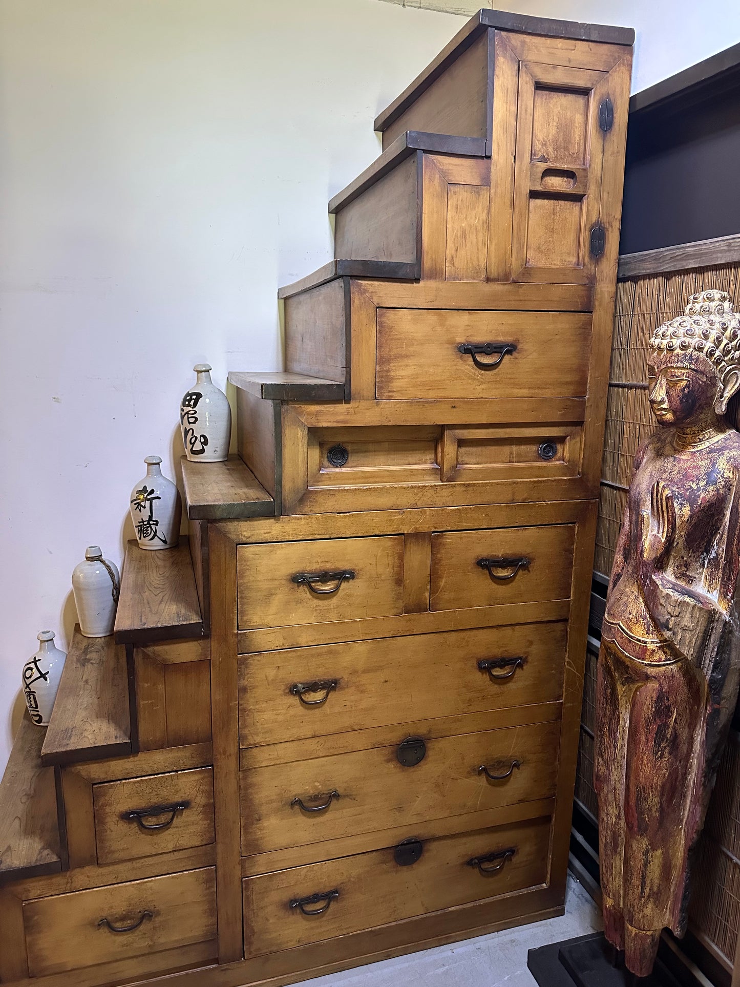 Antique Japanese Meiji Era (1868-1912) Kaidandansu Stair Tansu Sugi Wood 88"H