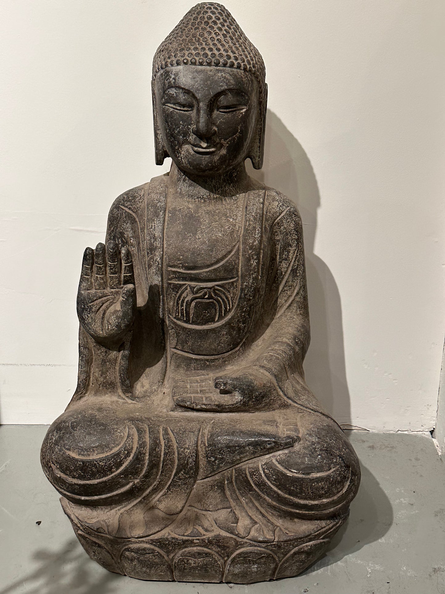 Vintage Japanese Hand Carved Stone Statue of Buddha in Seated Meditation 30"