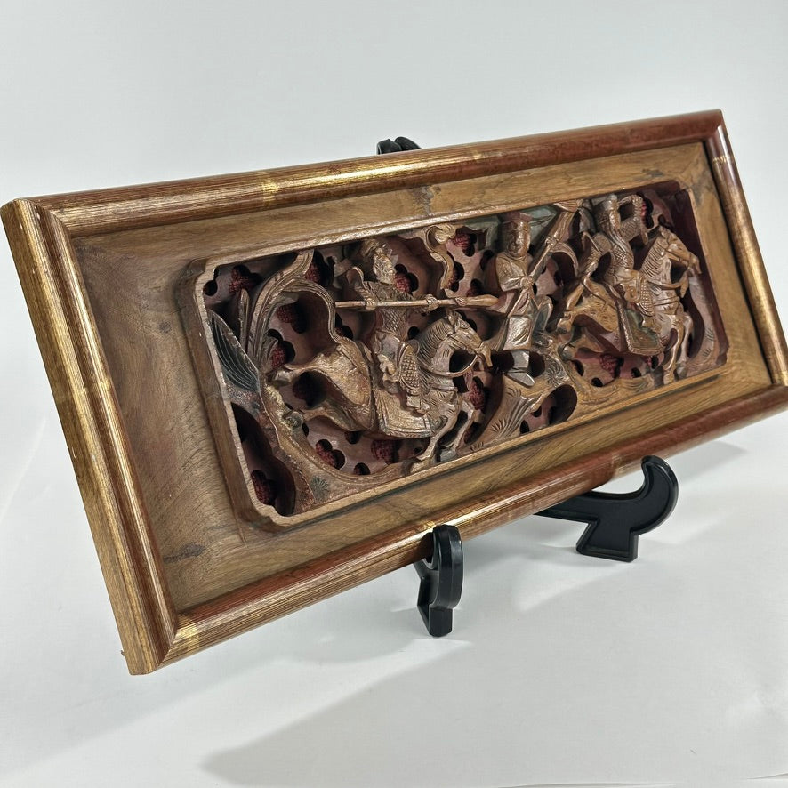 Antique Chinese Carved Wood Panel Fragment Warriors on Horseback 20.5″L