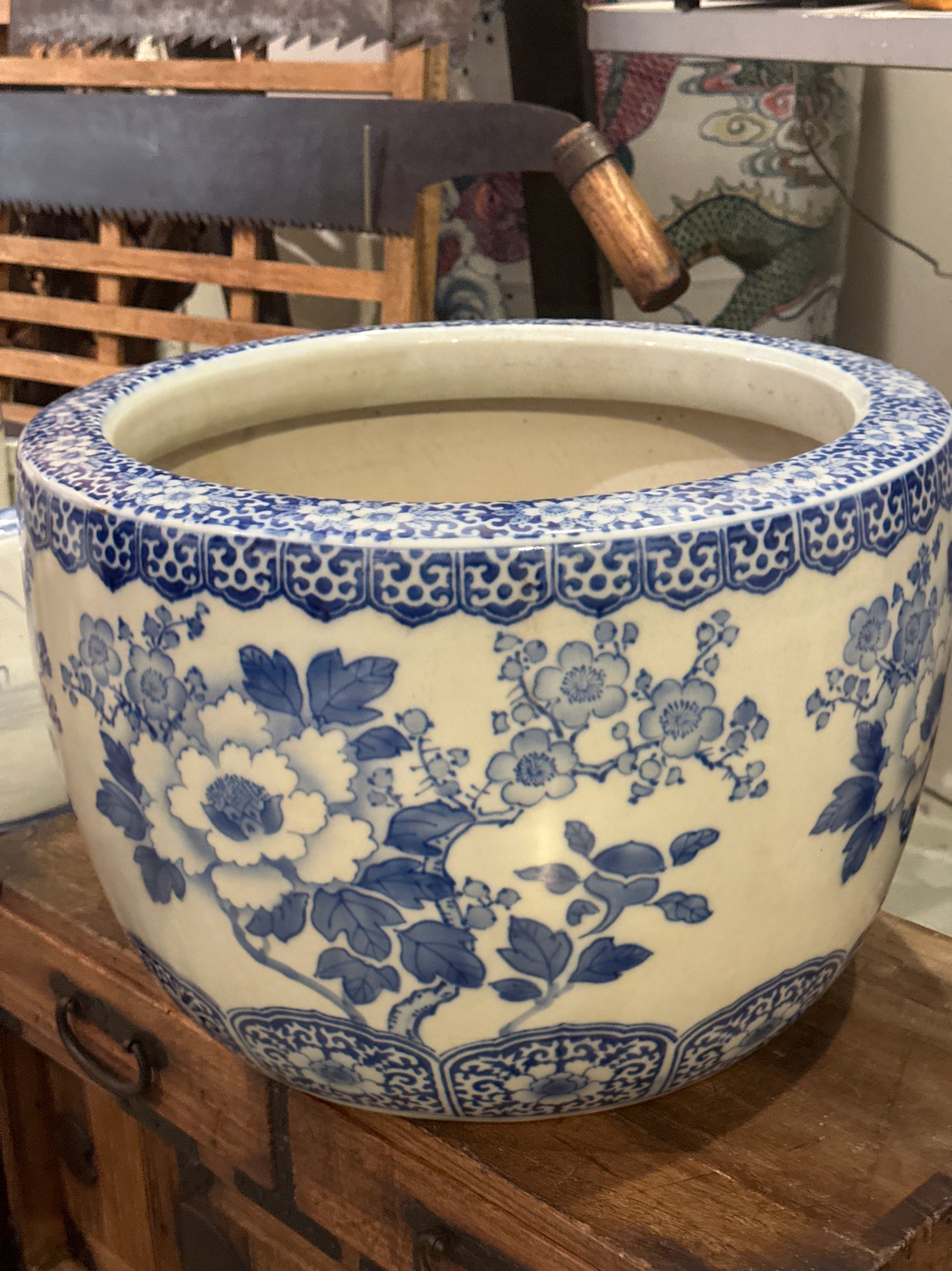 Antique Japanese Meiji Era Ceramic Blue & White Hibachi Brazier Floral Motif 24”