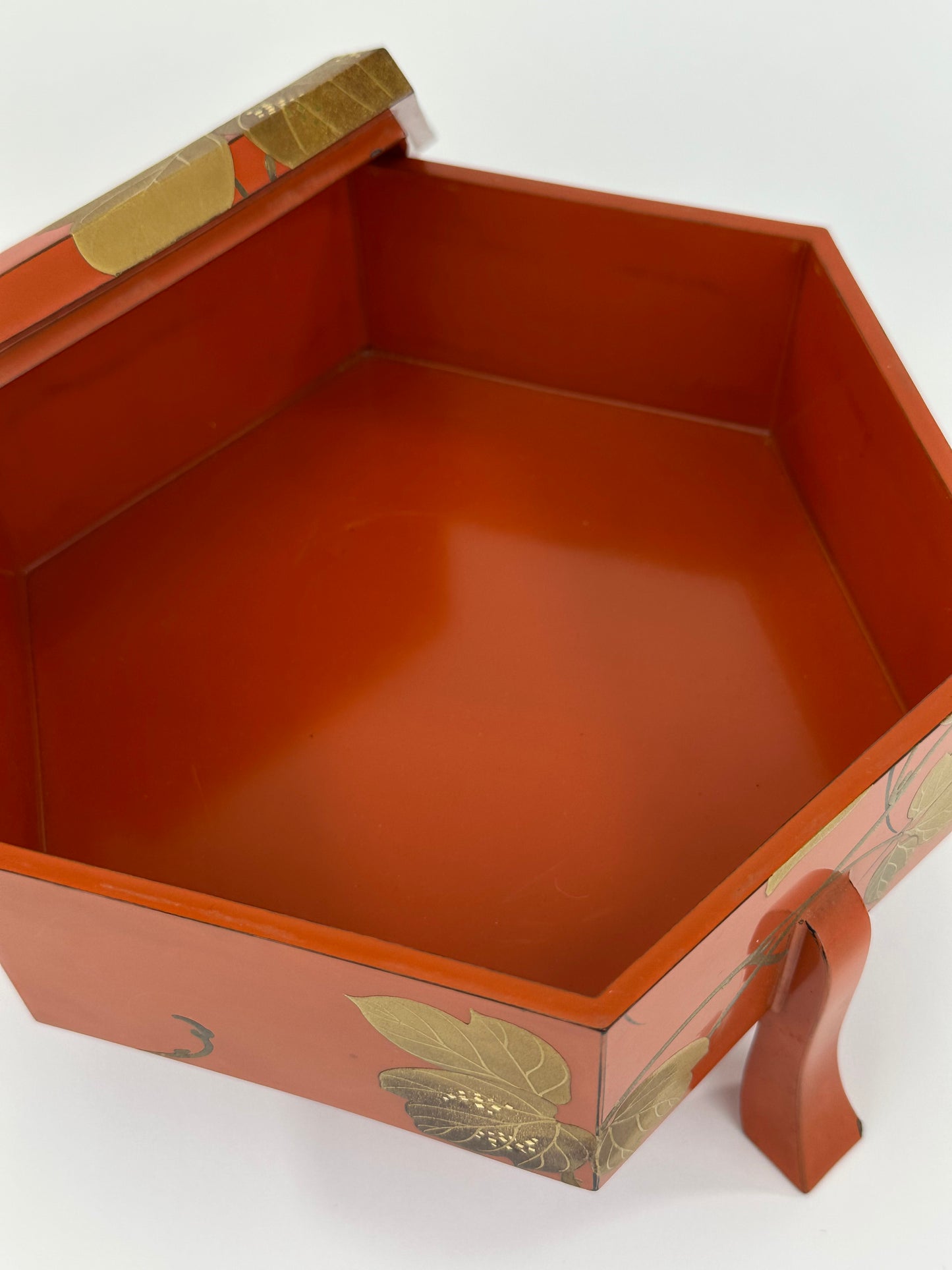 Antique Japanese Vermilion Hexagonal Lacquer Box Gold Maki-e Floral Motif