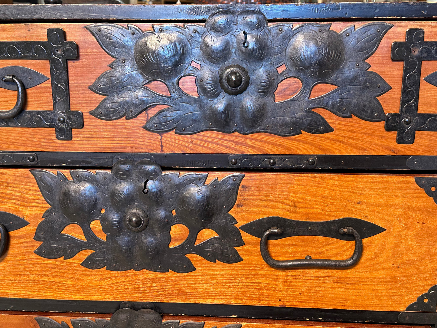 Antique Japanese Meiji Era c1880's Sendai Clothing Tansu Chest Peony 36"W