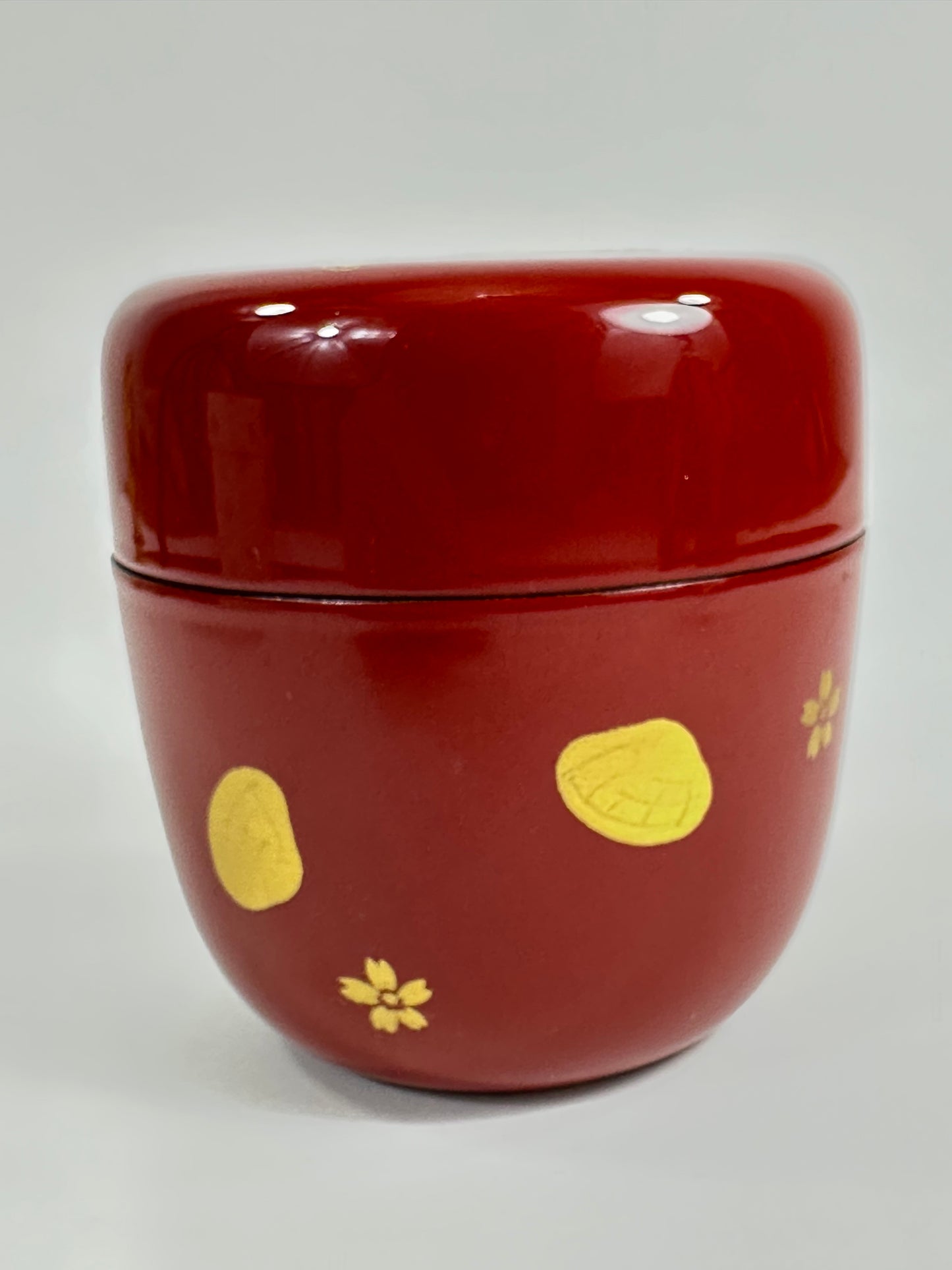 Japanese Tea Ceremony Natsume Red Lacquer Flute & Drum Gold Maki-e 3”
