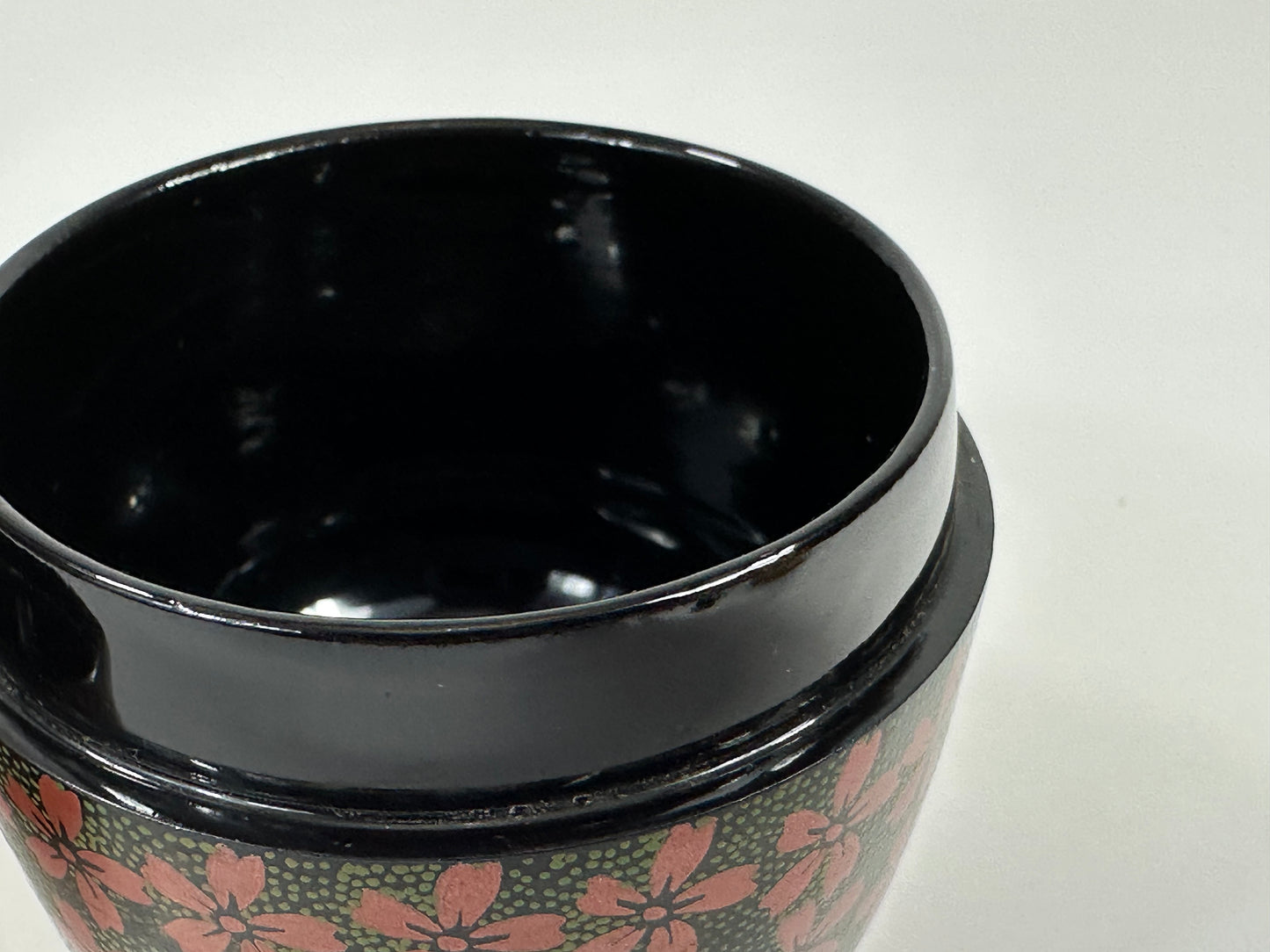 Vintage Japanese Tea Ceremony Natsume Black Lacquer Cherry Blossoms 3"