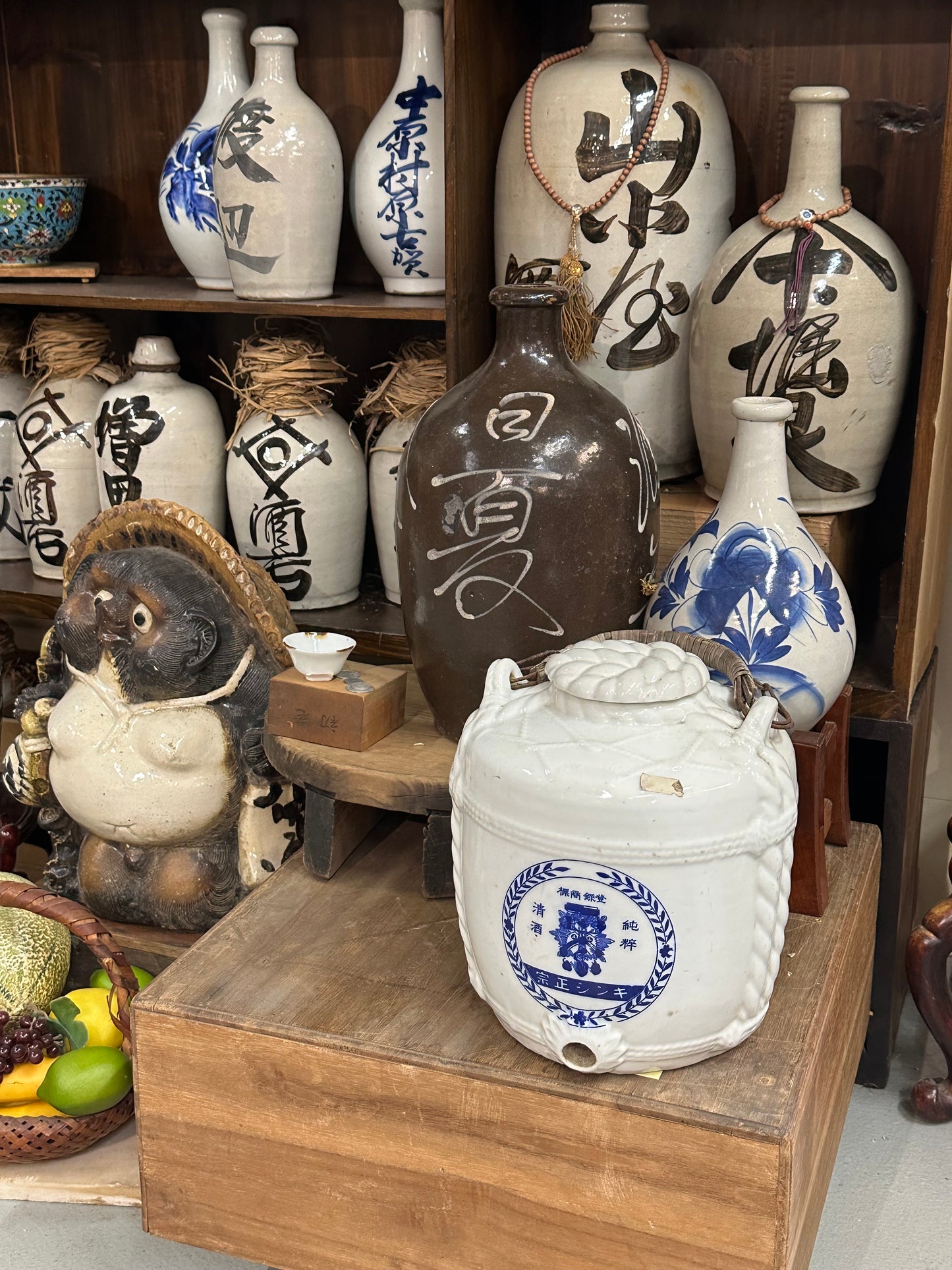 Antique Japanese c1920’s Hand Painted Sake Tokkuri Jug Blue & White 10"