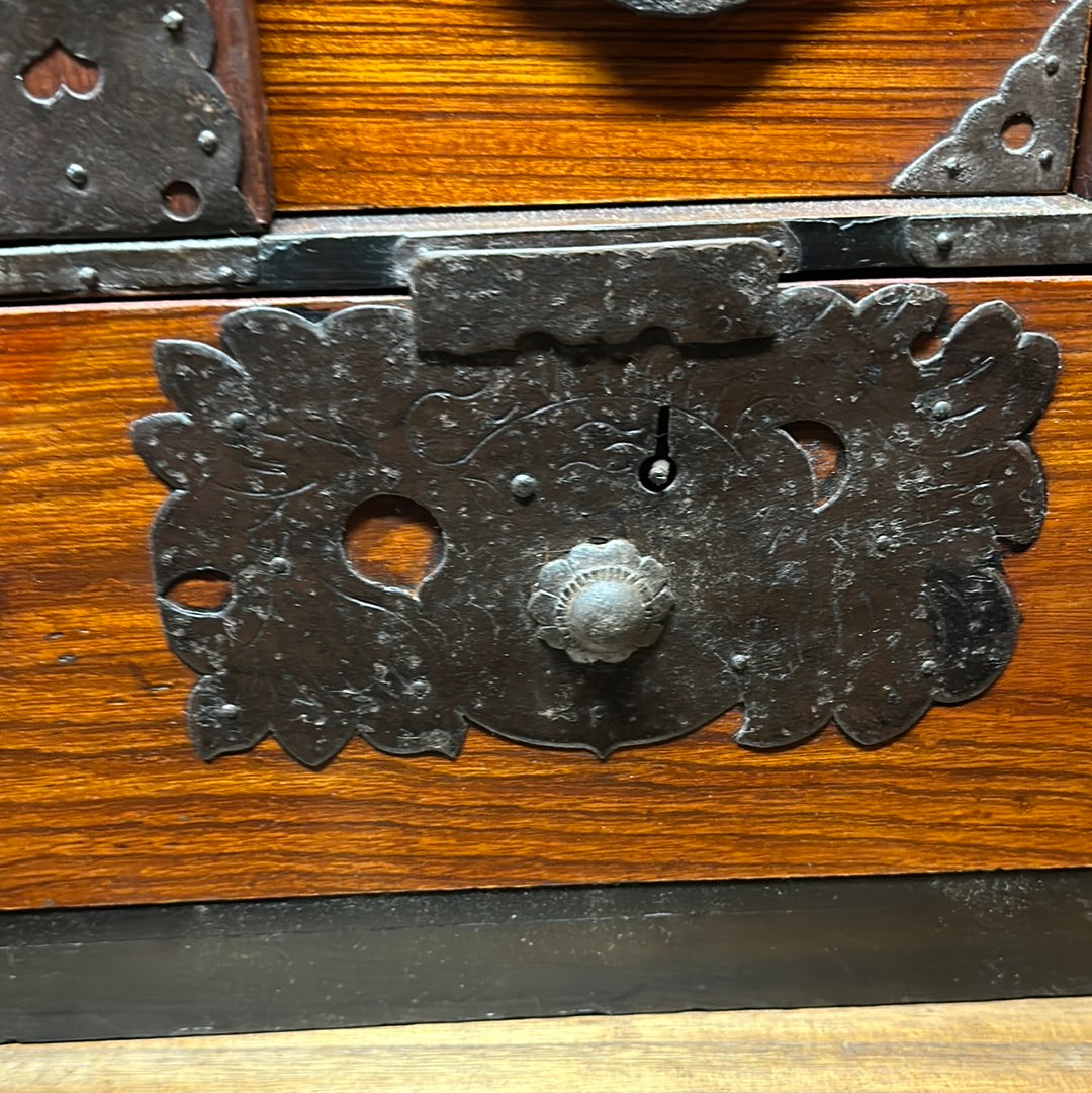 Antique Japanese Edo Era (c 1860) Bodansu Personal Tansu Red Lacquer 23"W