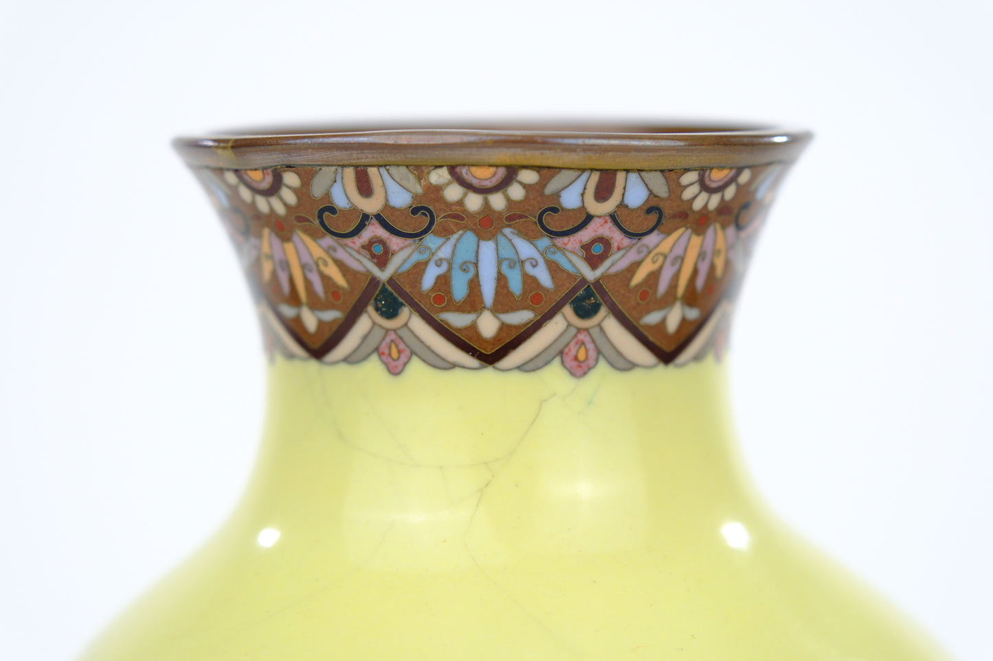 Antique Japanese Meiji Era (c1880) Cloisonné Vase Geese in Flight Yellow 10”