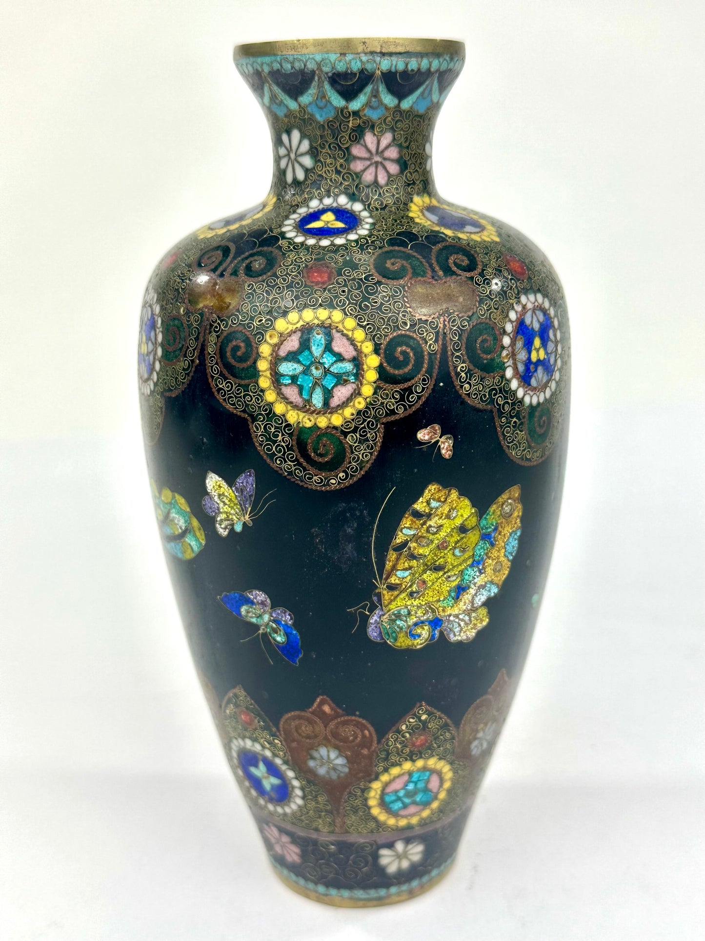 Antique Japanese Meiji Era (c1880) Cloisonné Vase Butterflies 7.5”