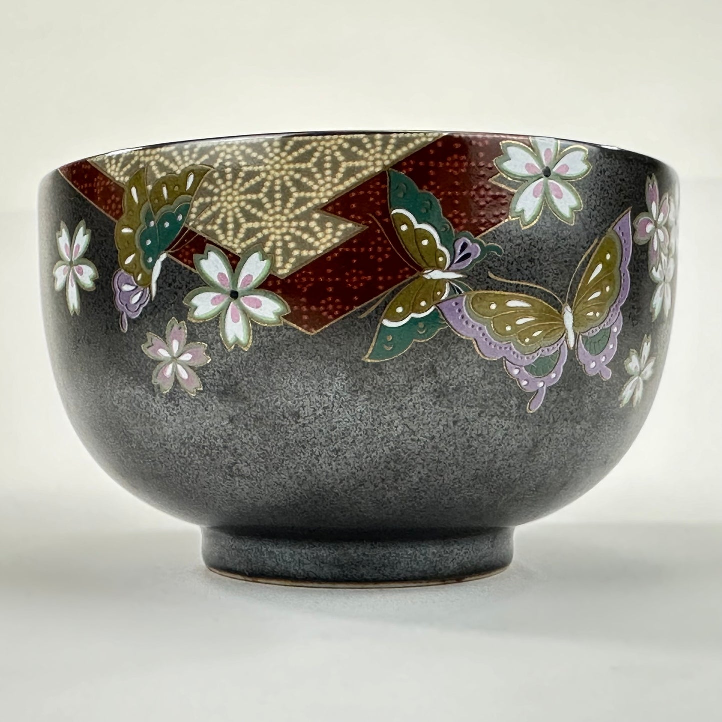 Vintage Japanese Ceramic Tea Bowl Chawan Floral & Butterflies
