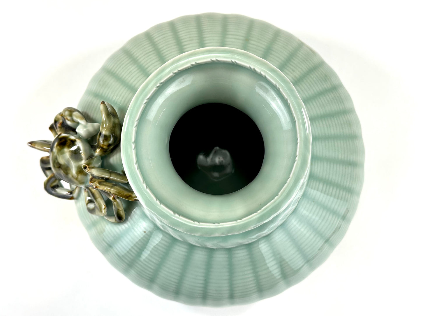 Vintage Japanese Celadon Basket-Weave Vase with Applied Crab 9.5"