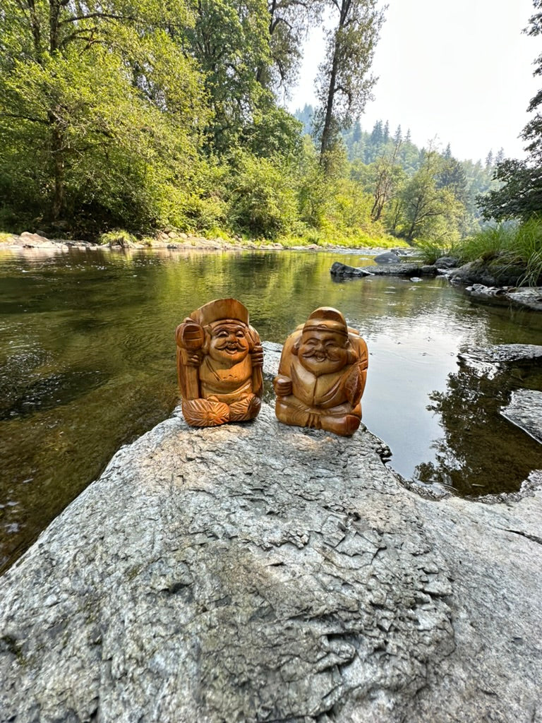 PAIR Japanese Wood Lucky Gods Ebisu & Daikokuji Pair