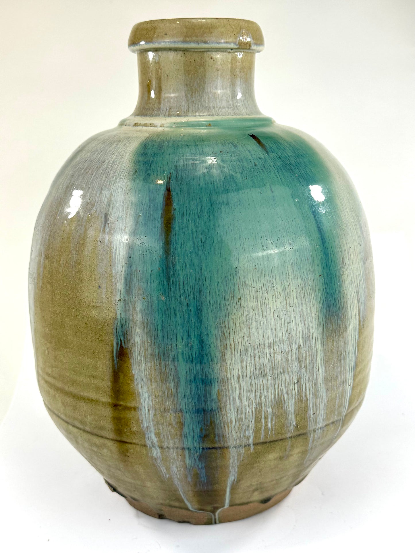 Antique Japanese Tsubo Urn Blue-Green Shigaraki Drip Glaze 16"H