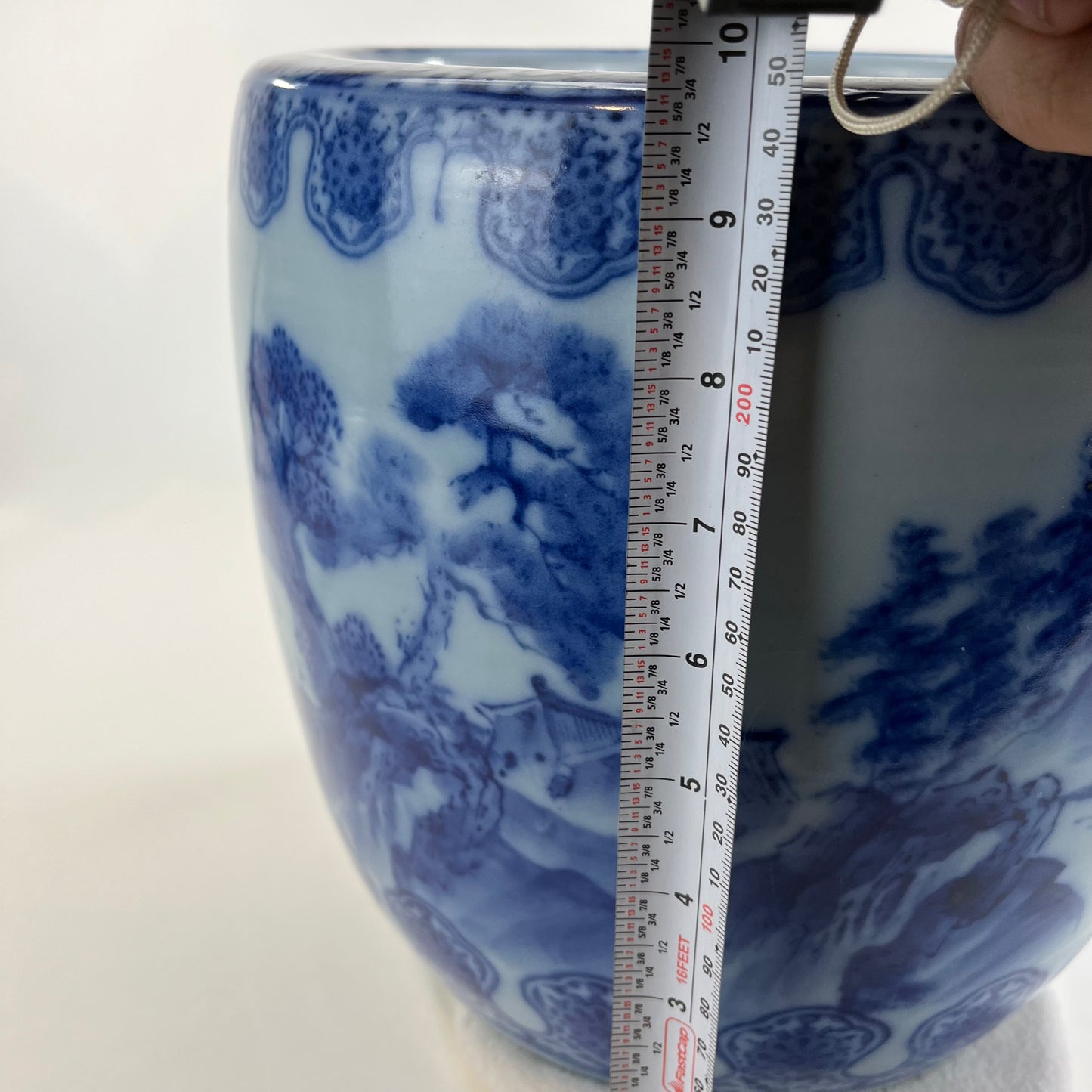 Antique Japanese Meiji Era Ceramic Blue & White Hibachi Brazier mountans & water 10.5”