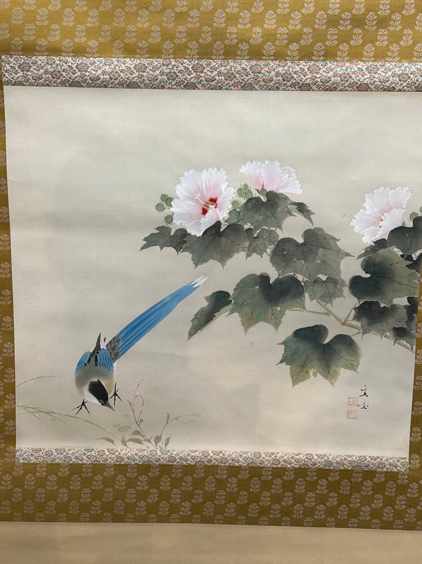Vintage Japanese Scroll Hand Painted Mid 1900’s Magpie & Hibiscus