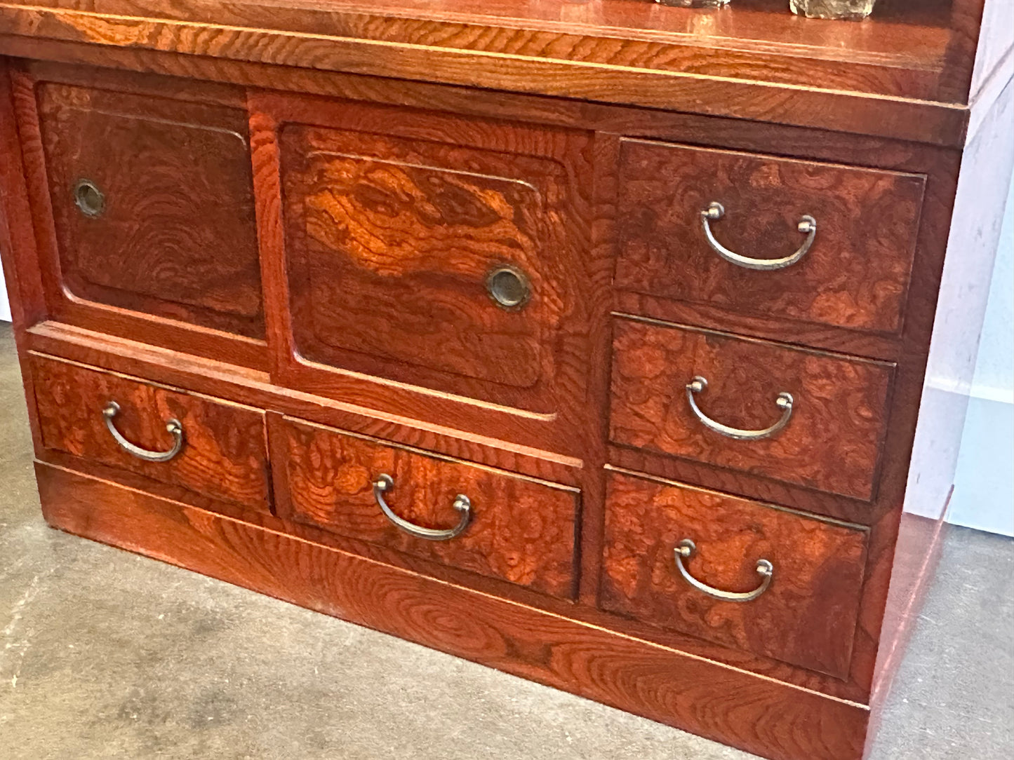 Antique Japanese Display Tansu Taisho Era Keyaki Elm Persimmon Stain Chest 32"W