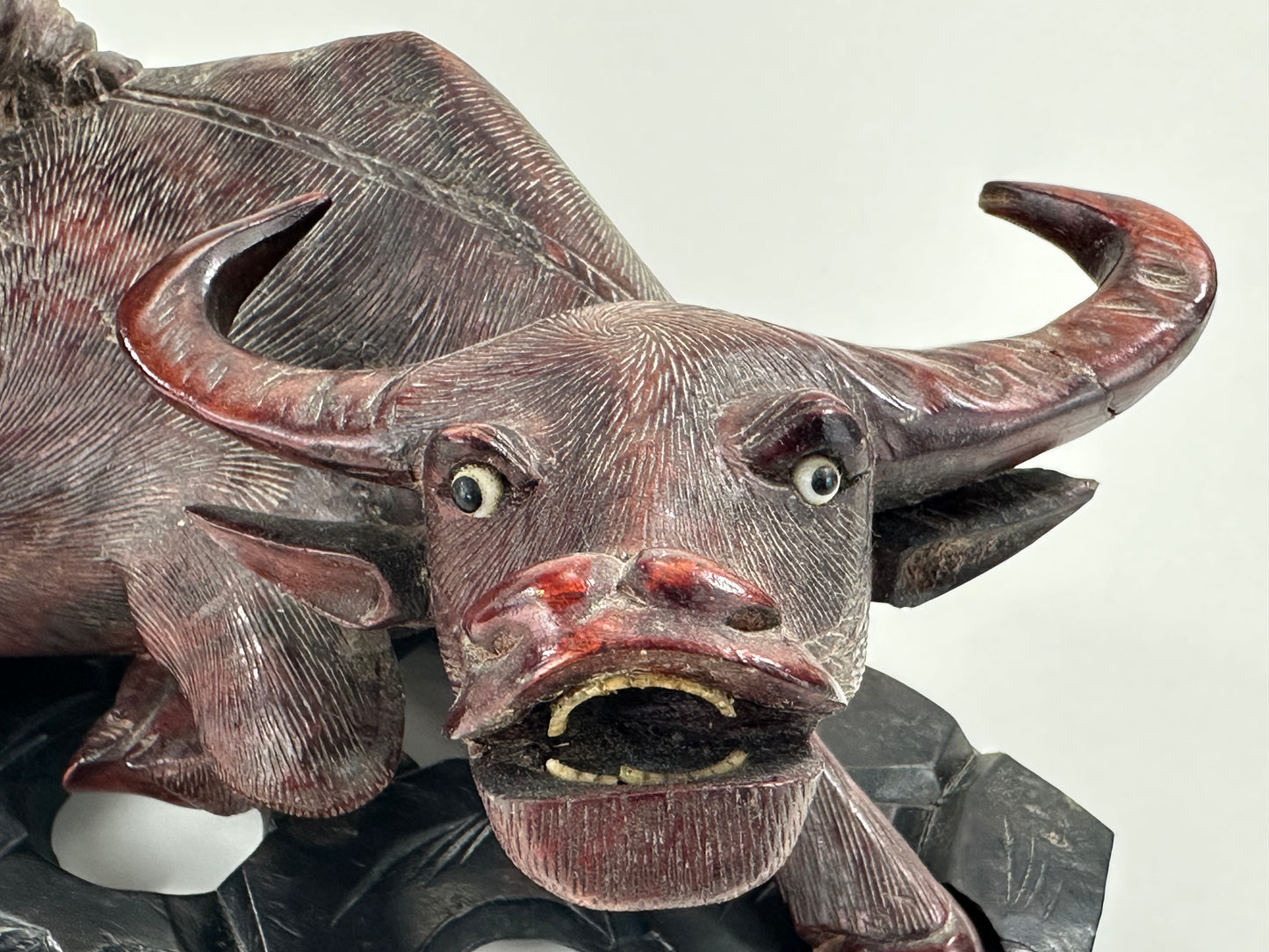 Antique Chinese Hand Carved Wooden Sculpture Buffalo & Children 14”