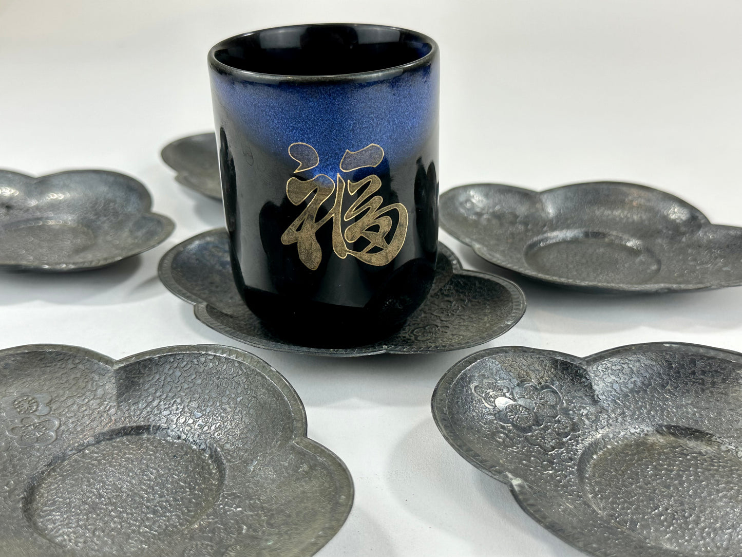 Set of 6 Antique Japanese Hand Crafted Chataku Tea Saucer Pewter 4.5"