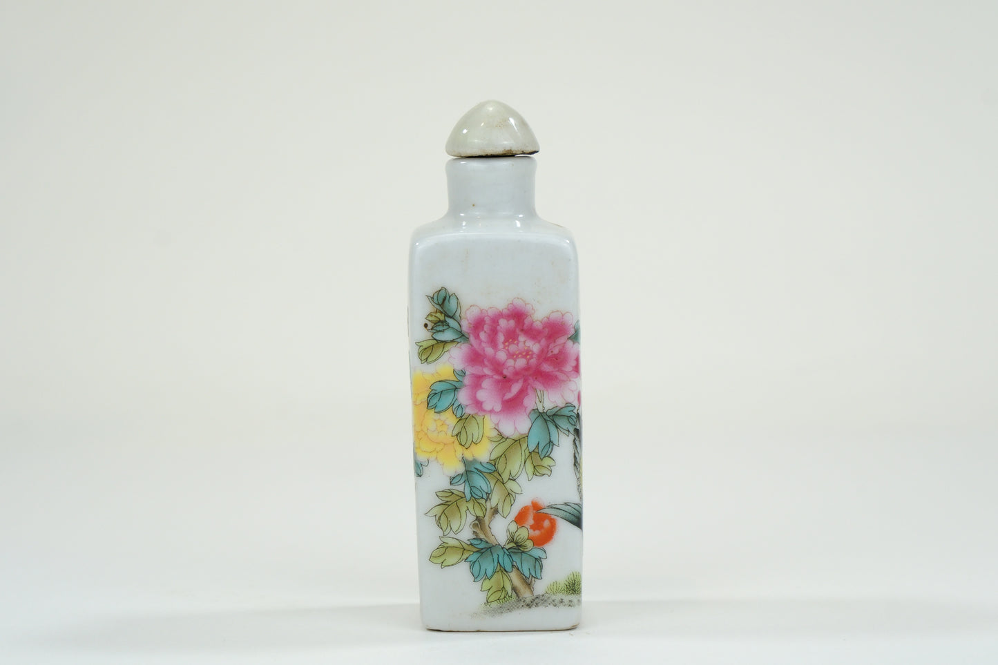 Vintage Chinese Porcelain Rooster Motif Snuff Bottle w/ Stopper 3"