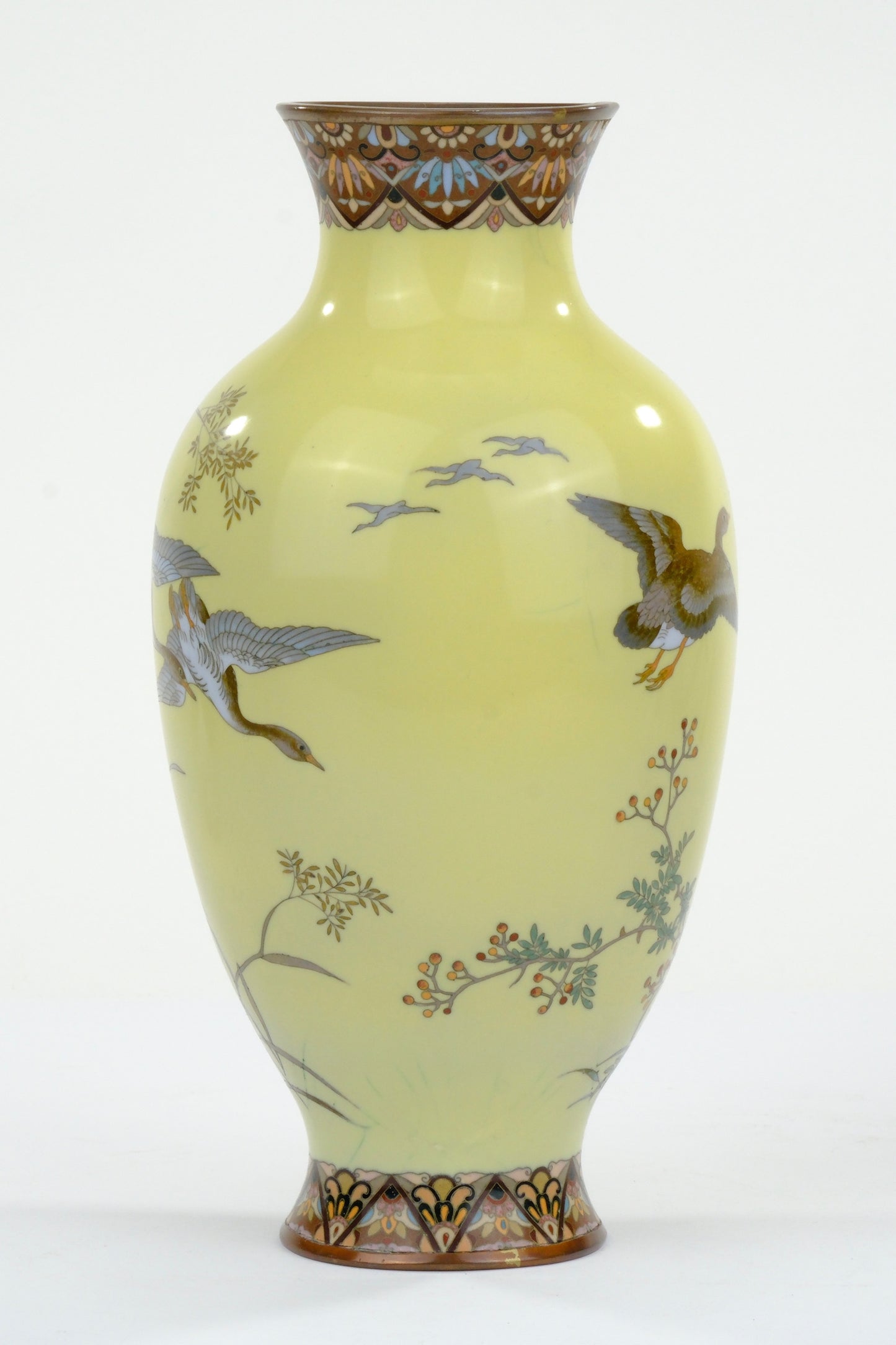 Antique Japanese Meiji Era (c1880) Cloisonné Vase Geese in Flight Yellow 10”