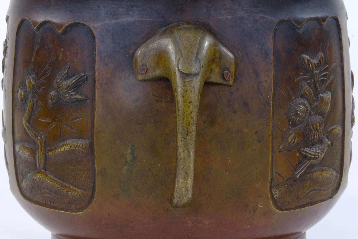 Antique Japanese Meiji Era Bronze Hibachi Brazier Floral Motif 9"H
