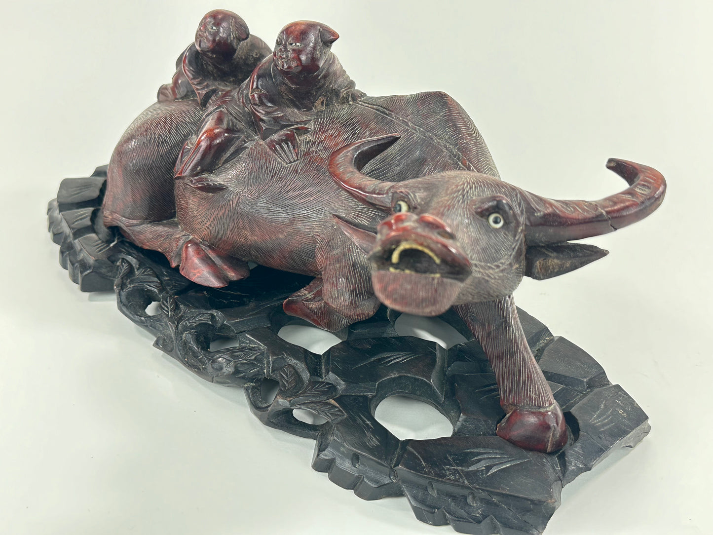 Antique Chinese Hand Carved Wooden Sculpture Buffalo & Children 14”