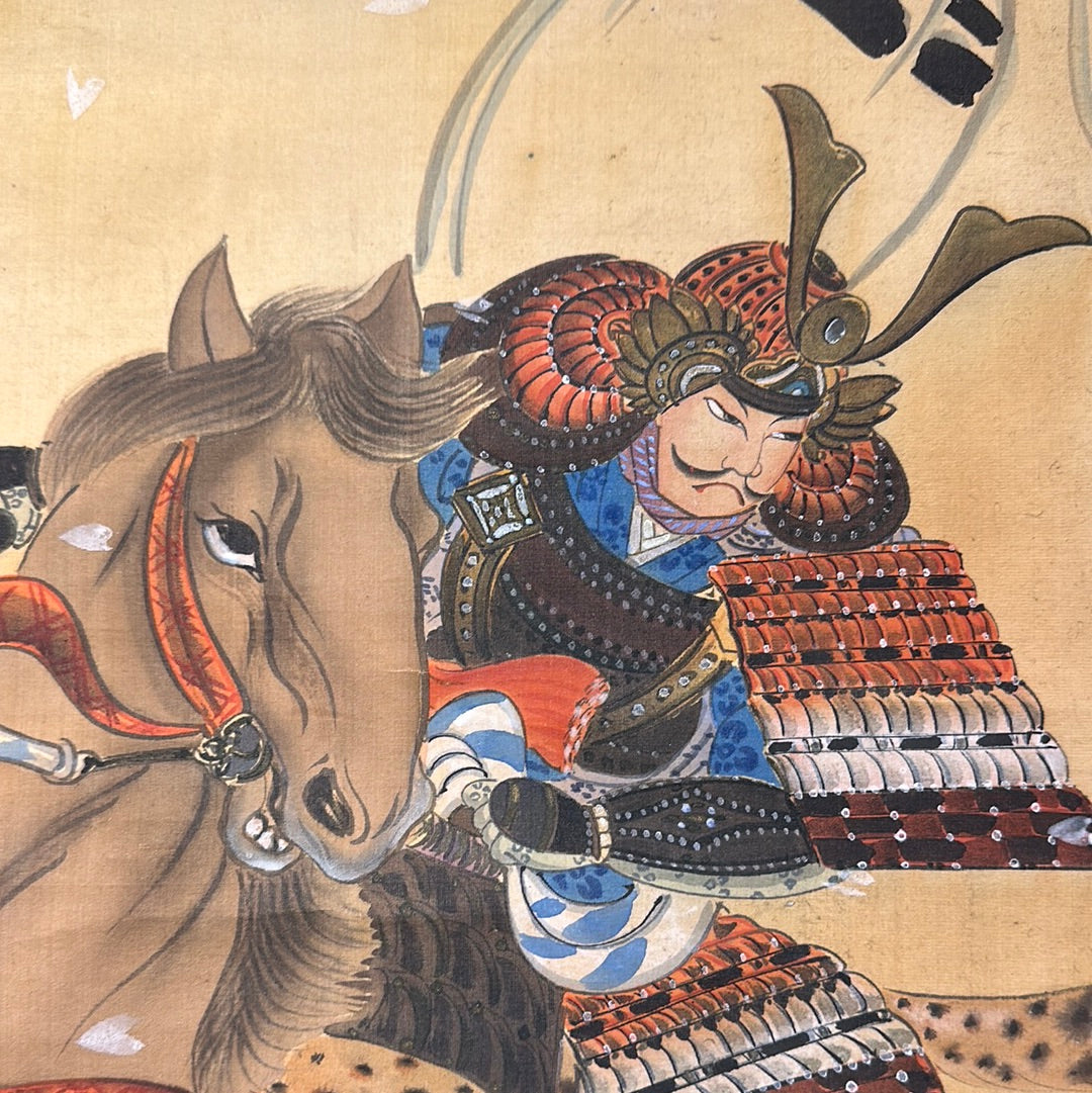 Japanese Scroll Hand Painted on Silk Taisho Era Samurai on Horseback 71"