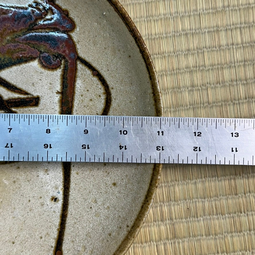 Vintage Japanese Mashiko Mingei Hamada School Stoneware Plate c1970 Ebi Iron Brush 11"W