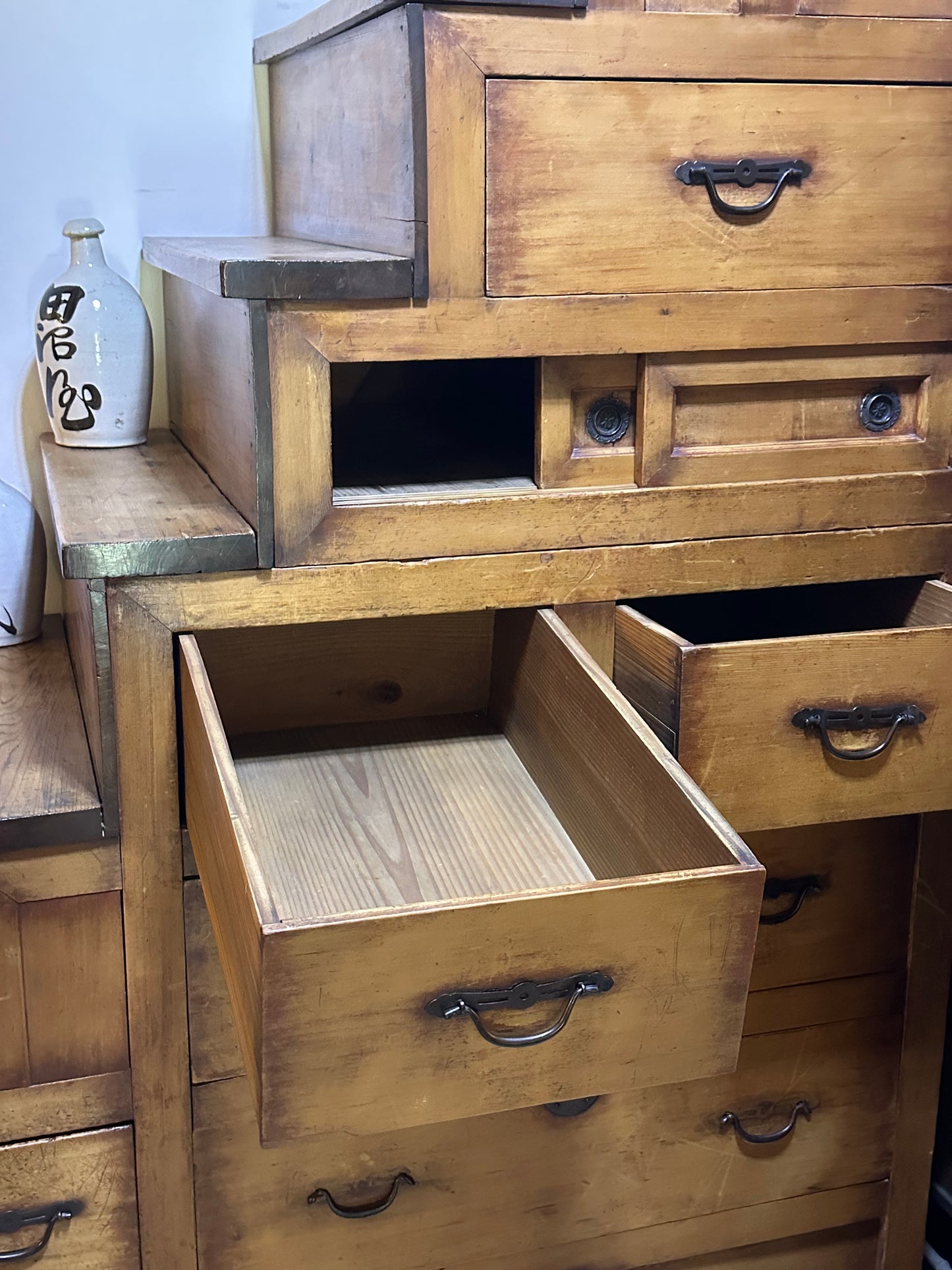 Antique Japanese Meiji Era (1868-1912) Kaidandansu Stair Tansu Sugi Wood 88"H
