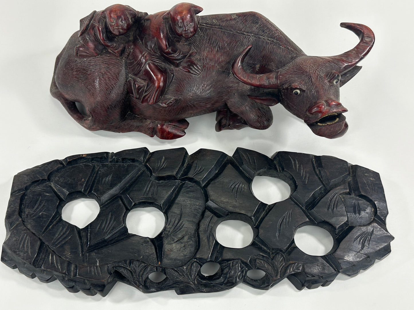 Antique Chinese Hand Carved Wooden Sculpture Buffalo & Children 14”