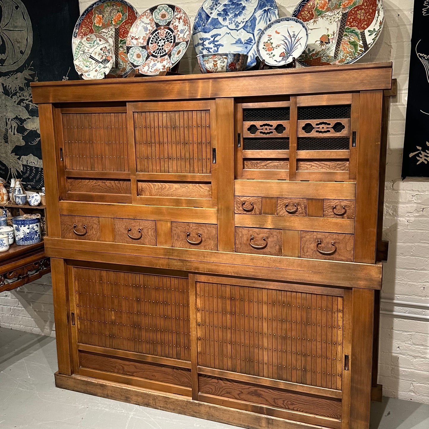 Antique Japanese Kitchen Tansu Meiji Era c1890's Keyaki & Sugi Wood Tansu Chest 6'