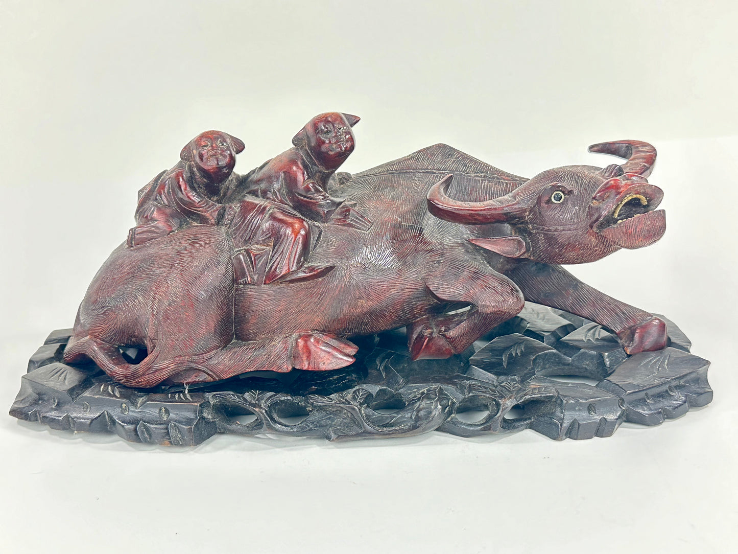 Antique Chinese Hand Carved Wooden Sculpture Buffalo & Children 14”