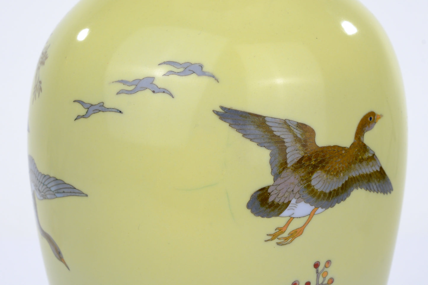 Antique Japanese Meiji Era (c1880) Cloisonné Vase Geese in Flight Yellow 10”