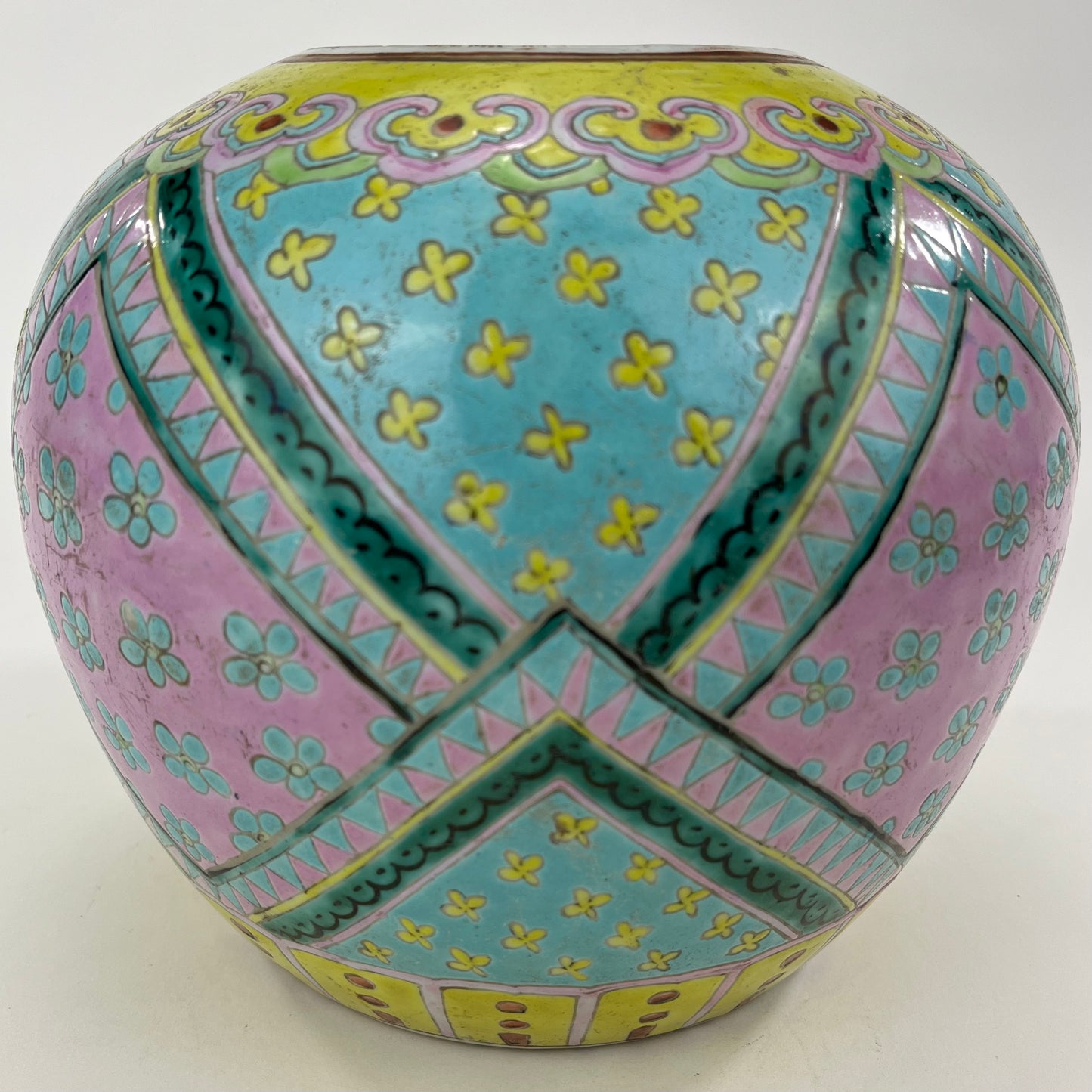 Antique Chinese Qing 19th Century Green & Pink Ginger Jar Hand Painted 8"