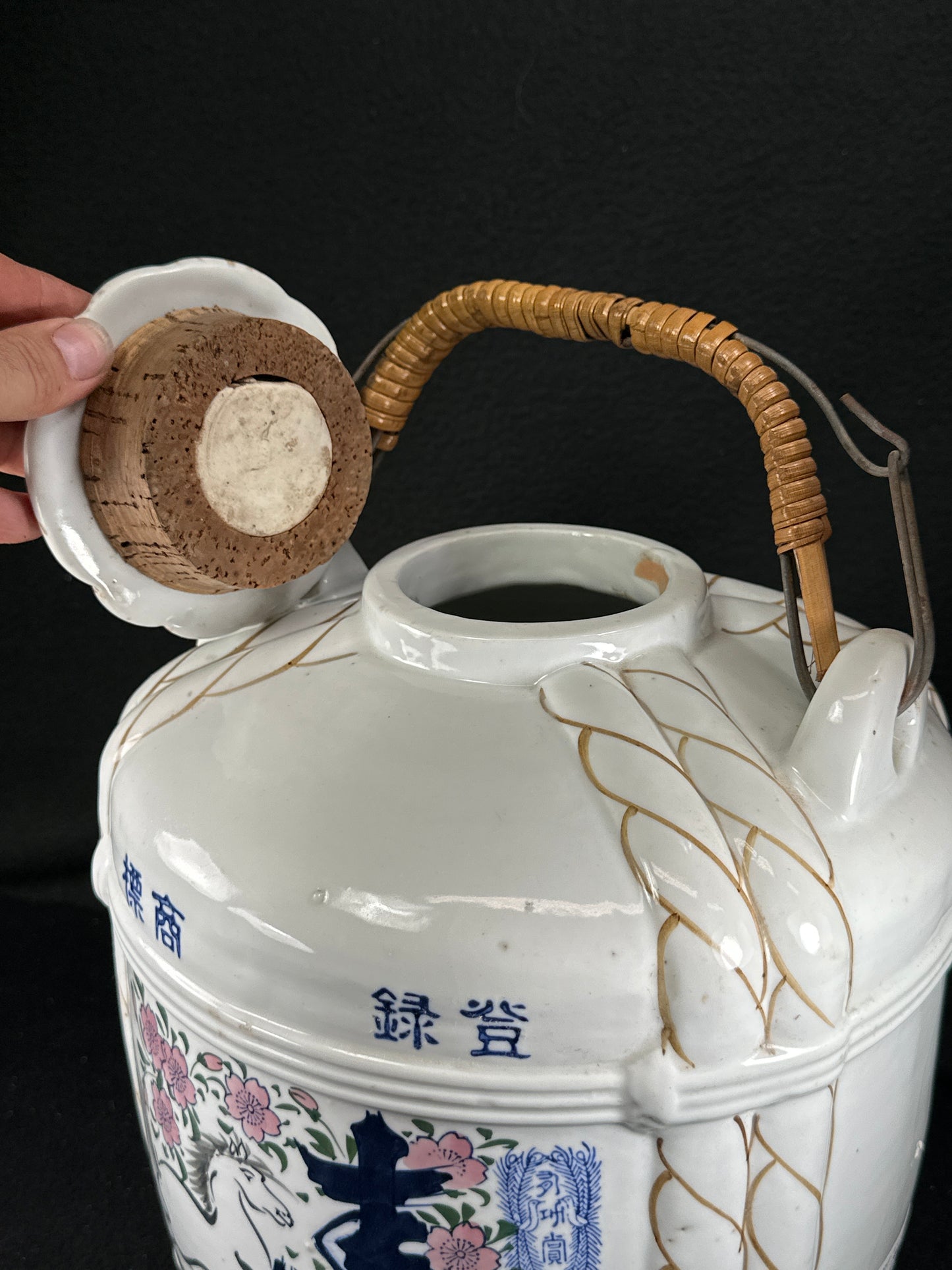 Antique Japanese Taisho Era (c1920's) Hand Painted Sake Tokkuri Jug Horse Motif 14"
