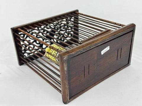 Chinese Hardwood Bamboo Birdcage Famille Jaune Porcelain Pots Carved Fretwork Lid Late Qing 8.5"