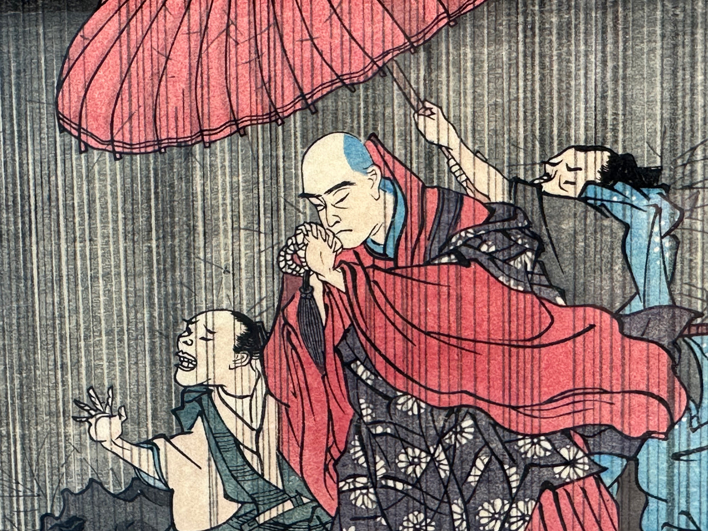 Japanese Woodblock Print Reproduction: By Kuniyoshi "Rain Prayer" in Vintage Frame
