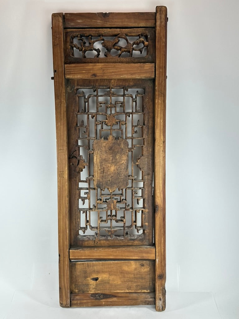 Antique Chinese Qing Carved Wood Lattice Window Shutter Panel 32″H