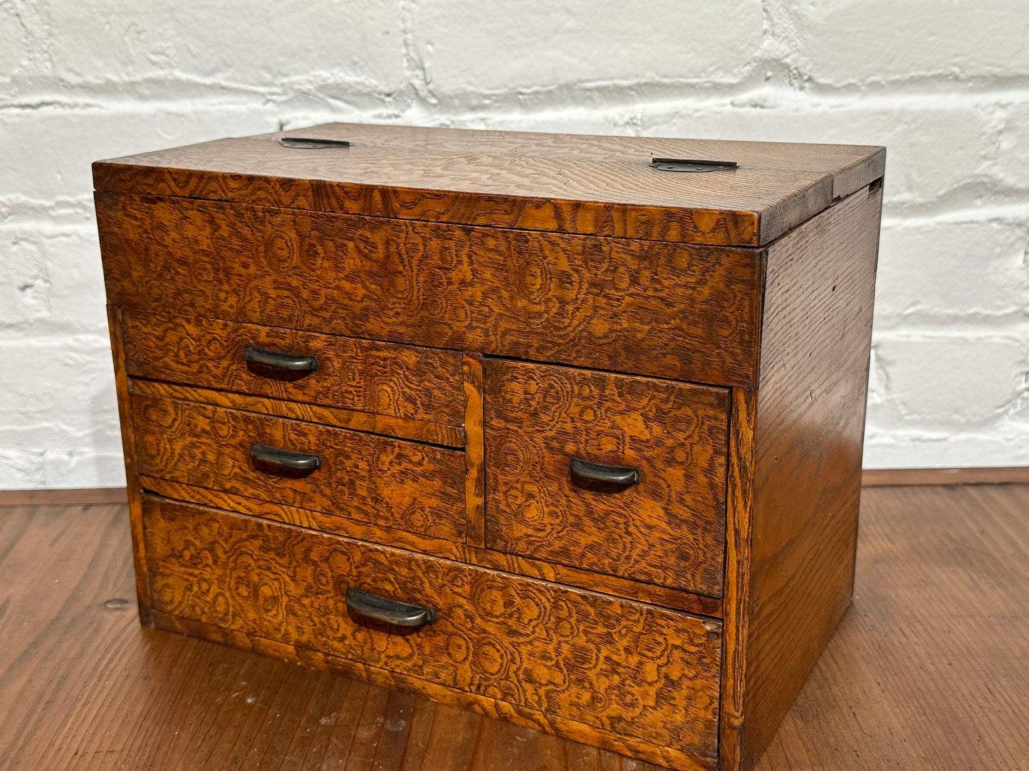 Antique Japanese Meiji Era c 1920's Mulberry Wood Haribako Sewing Tansu 11.5"