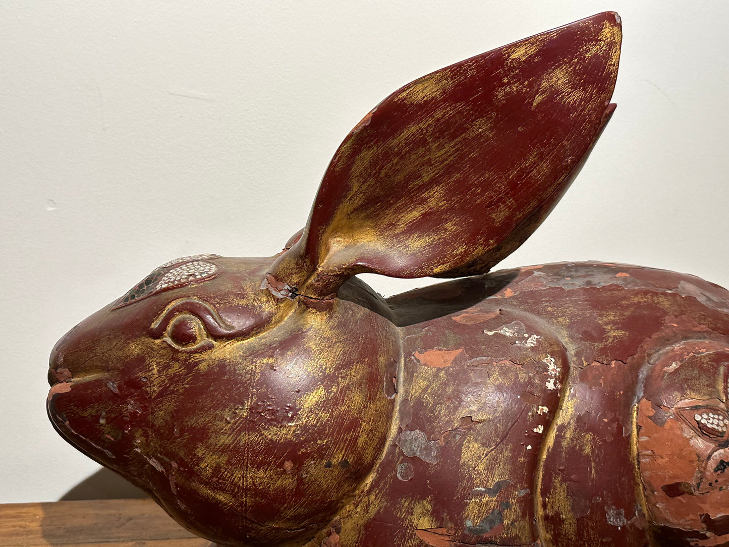 Antique Chinese Red Lacquer Had Carved Rabbit 22"L