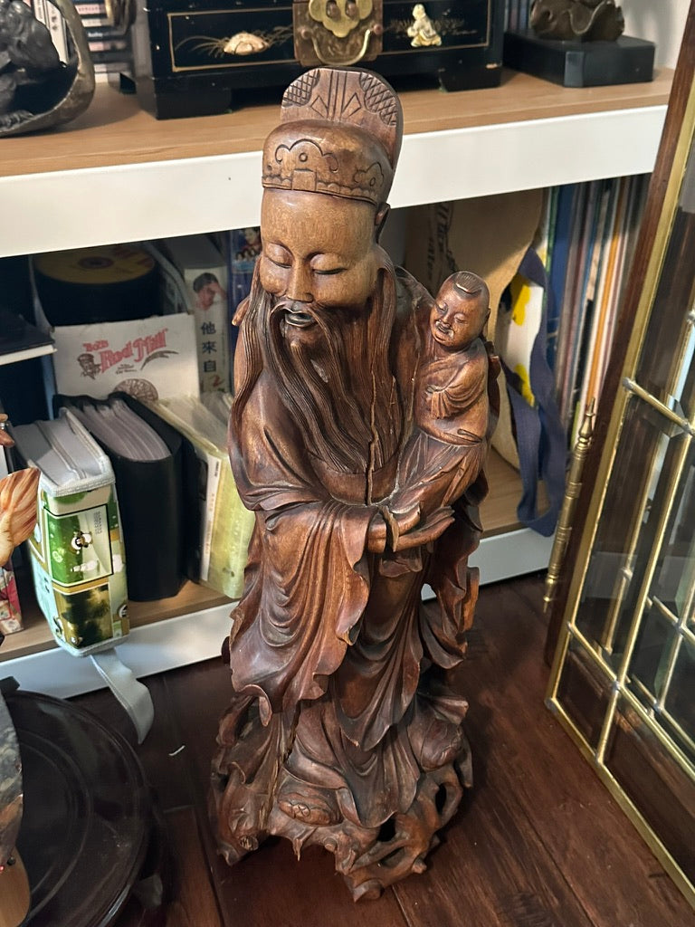 Vintage Chinese Carved Wood Fu Xing God Prosperity Figure with Child 16"H 26C*GL