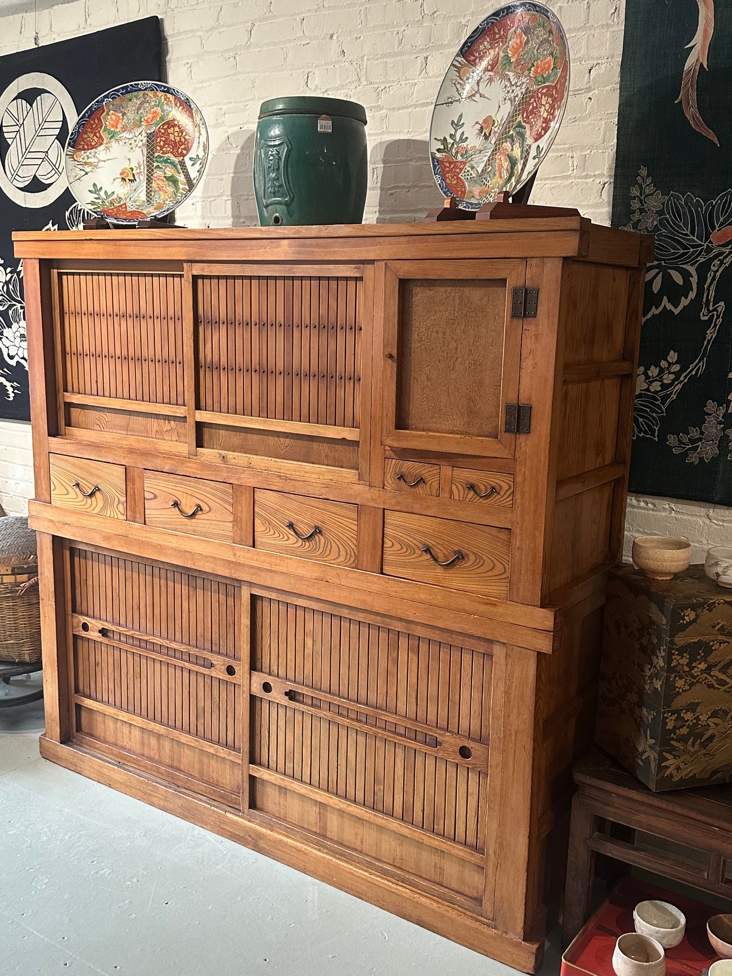 Antique Japanese Kitchen Tansu Meiji Era c1890's Keyaki & Sugi Wood Tansu Chest 6'