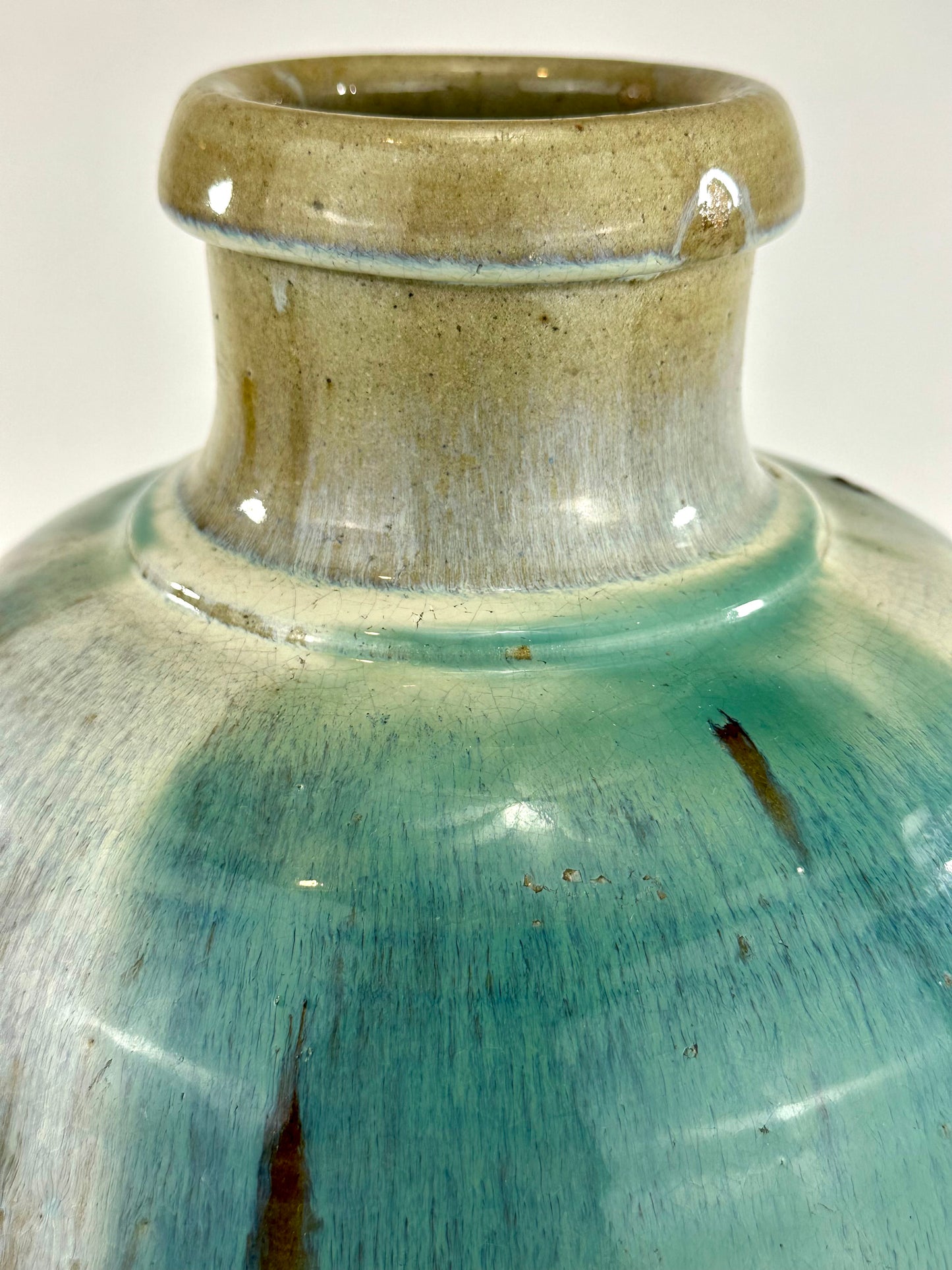 Antique Japanese Tsubo Urn Blue-Green Shigaraki Drip Glaze 16"H