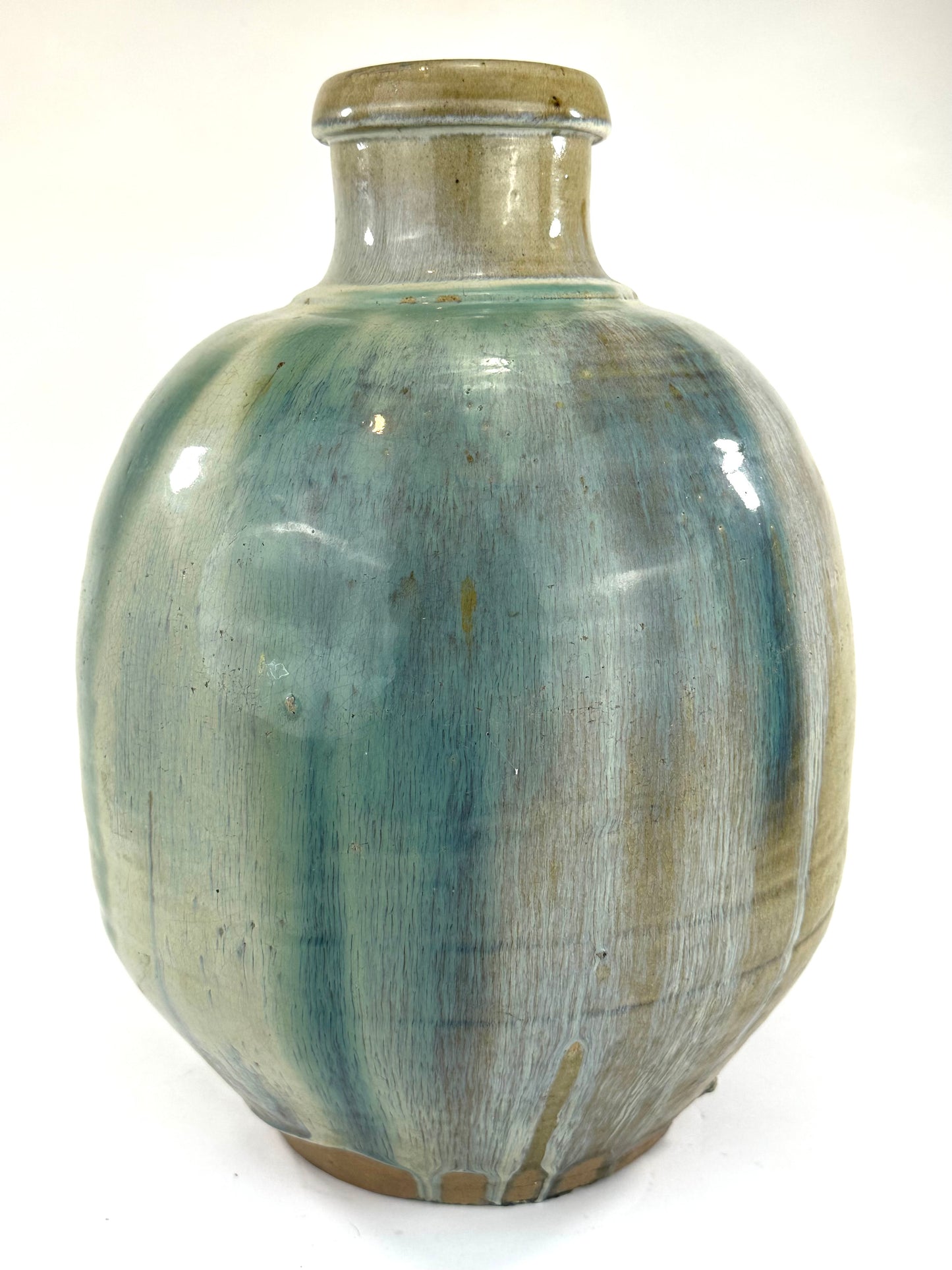 Antique Japanese Tsubo Urn Blue-Green Shigaraki Drip Glaze 16"H