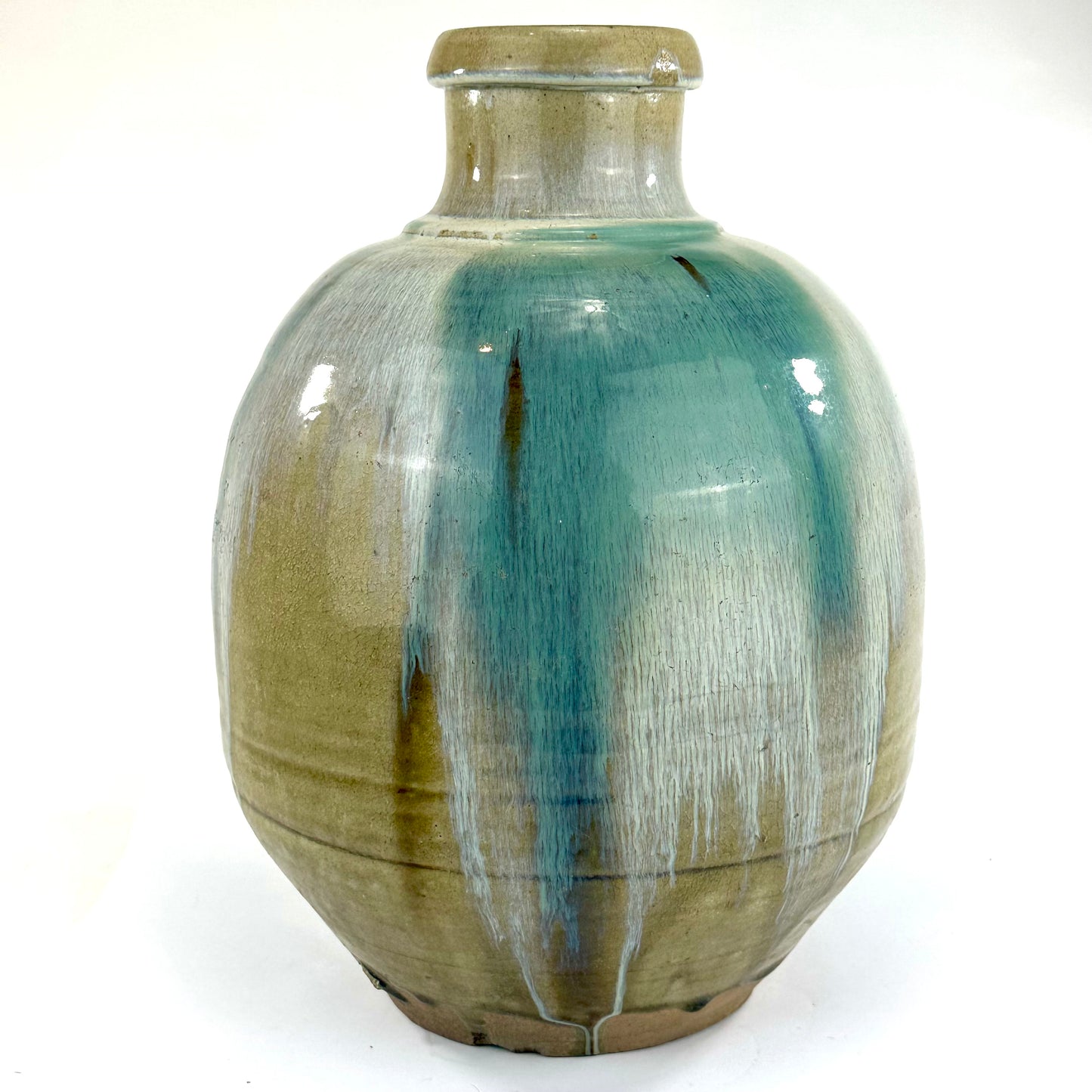 Antique Japanese Tsubo Urn Blue-Green Shigaraki Drip Glaze 16"H
