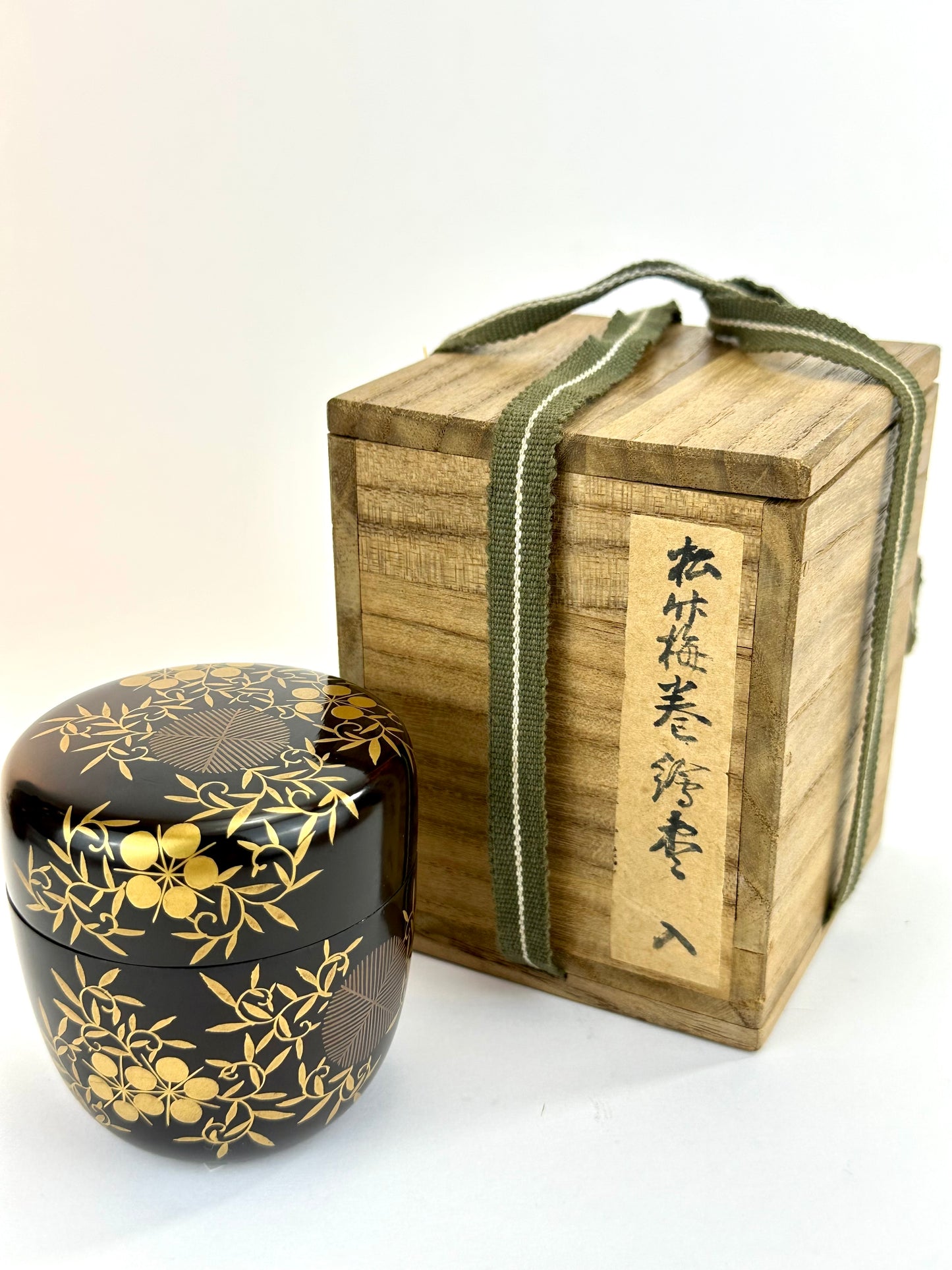 Vintage Japanese Lacquer Tea Caddy Natsume Maki-e Bamboo Plum Pine w/ Box