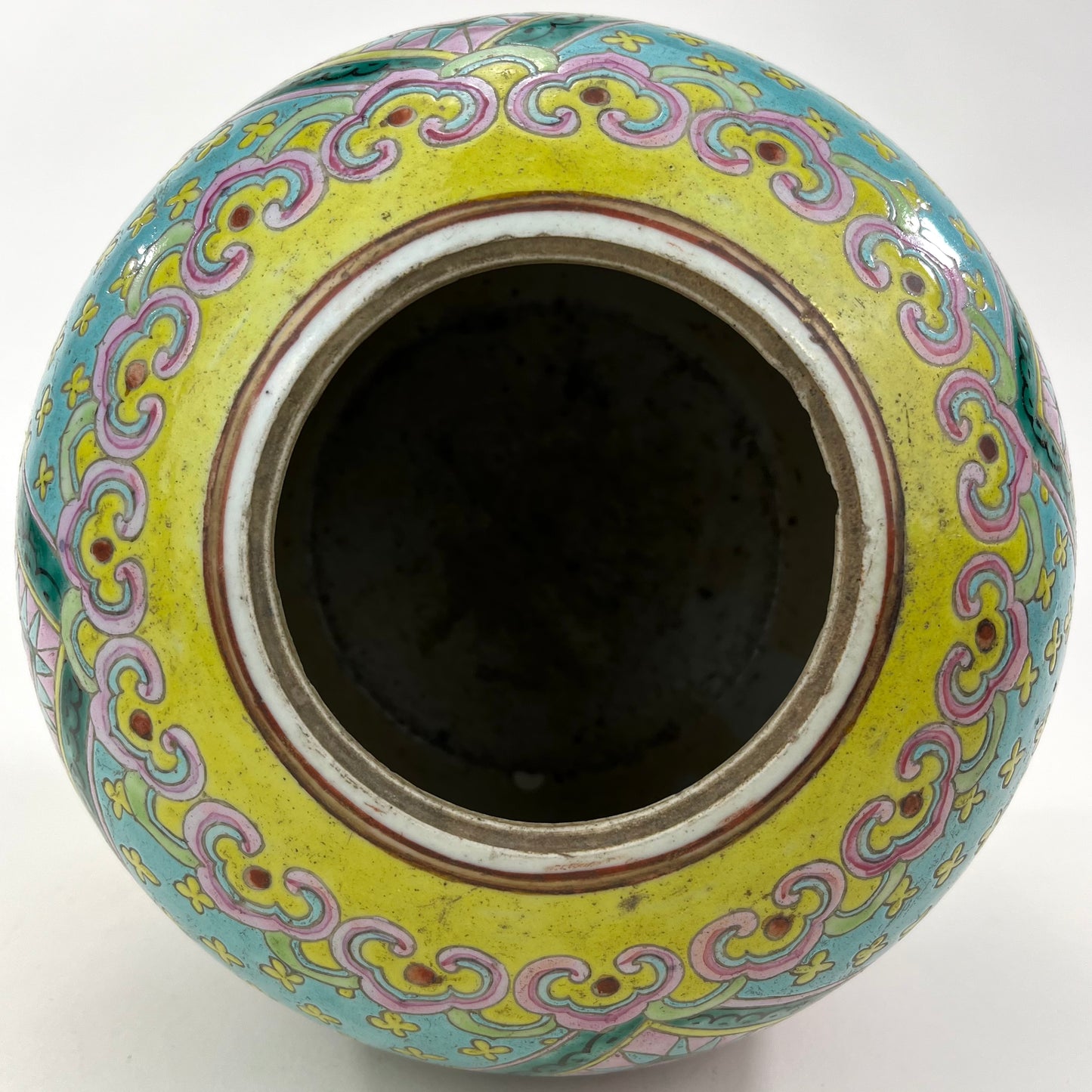 Antique Chinese Qing 19th Century Green & Pink Ginger Jar Hand Painted 8"